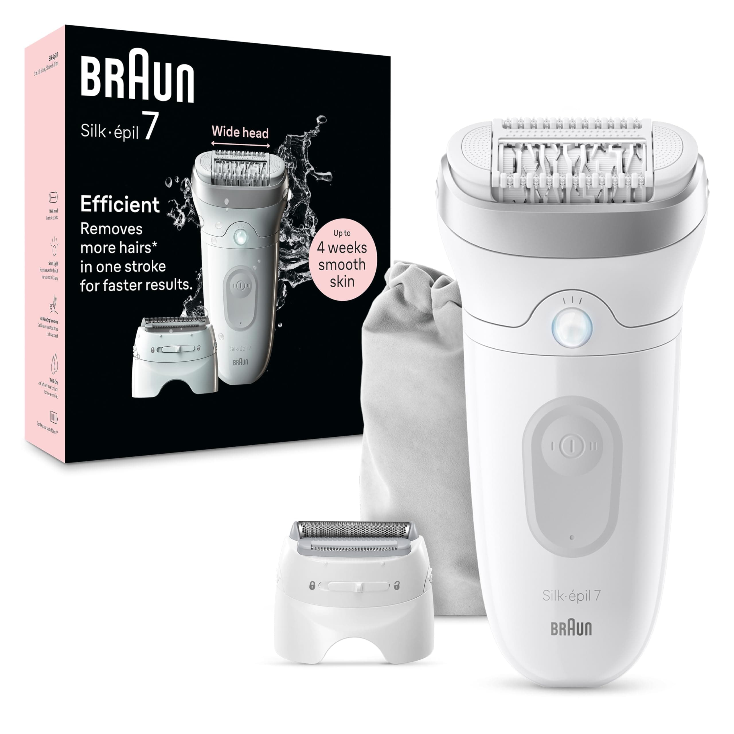 Epilator Silk-épil 7, Hair Removal Device, Women Shaver & Trimmer, Wet and Dry, Wide Head, Includes Shaver Head and Trimmer Comb, SE7-041, Silver