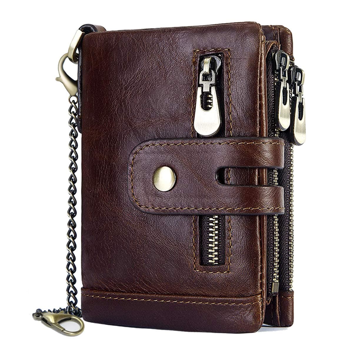 Mens Wallet RFID Blocking Men's Genuine Leather Wallet and Zipper Coin Pocket Bifold Purse with Chain 16 Credit Card Holder Genuine Leather Gents Wallets Slim Purse (Coffee)