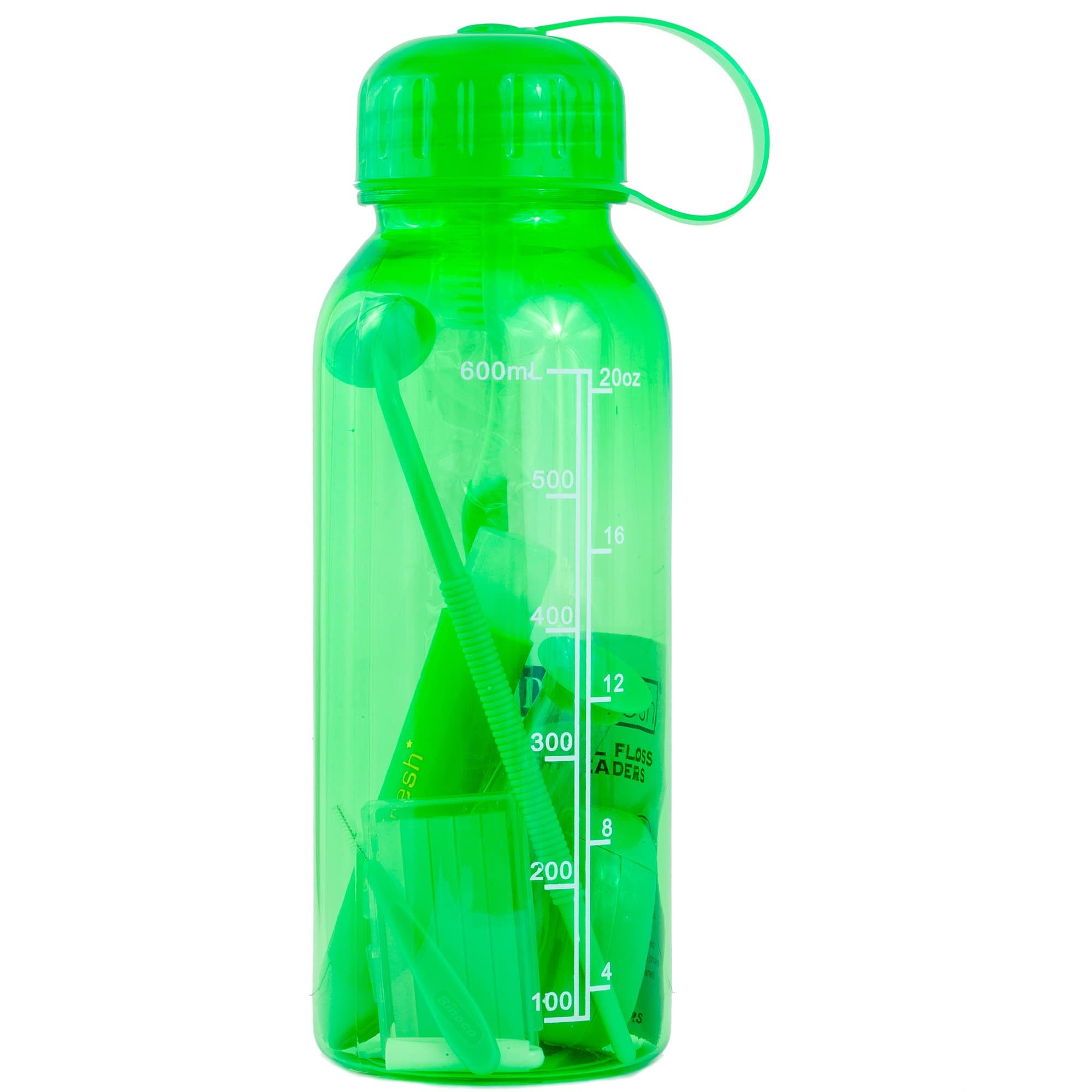 Dental Travel Kit; Toothbrush, Orthodontic Floss, 2 Minute Timer, Folding Toothbrush, Mirror, Proxy Brush & Case, Mint Wax For Braces, Floss Threaders, Water Bottle | Flight Road Trip Camping (Green)