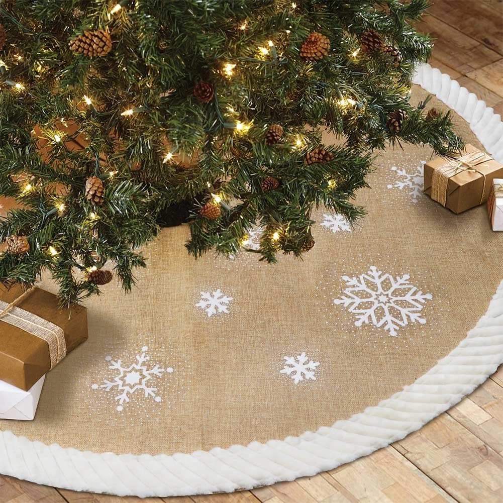 AerWo 48inch Christmas Tree Skirt with White Snowflake, Burlap Tree Skirt with Fur Sides Farmhouse Christmas Tree Skirts for Xmas Decor Festive Holiday Decorations Indoor Outdoor