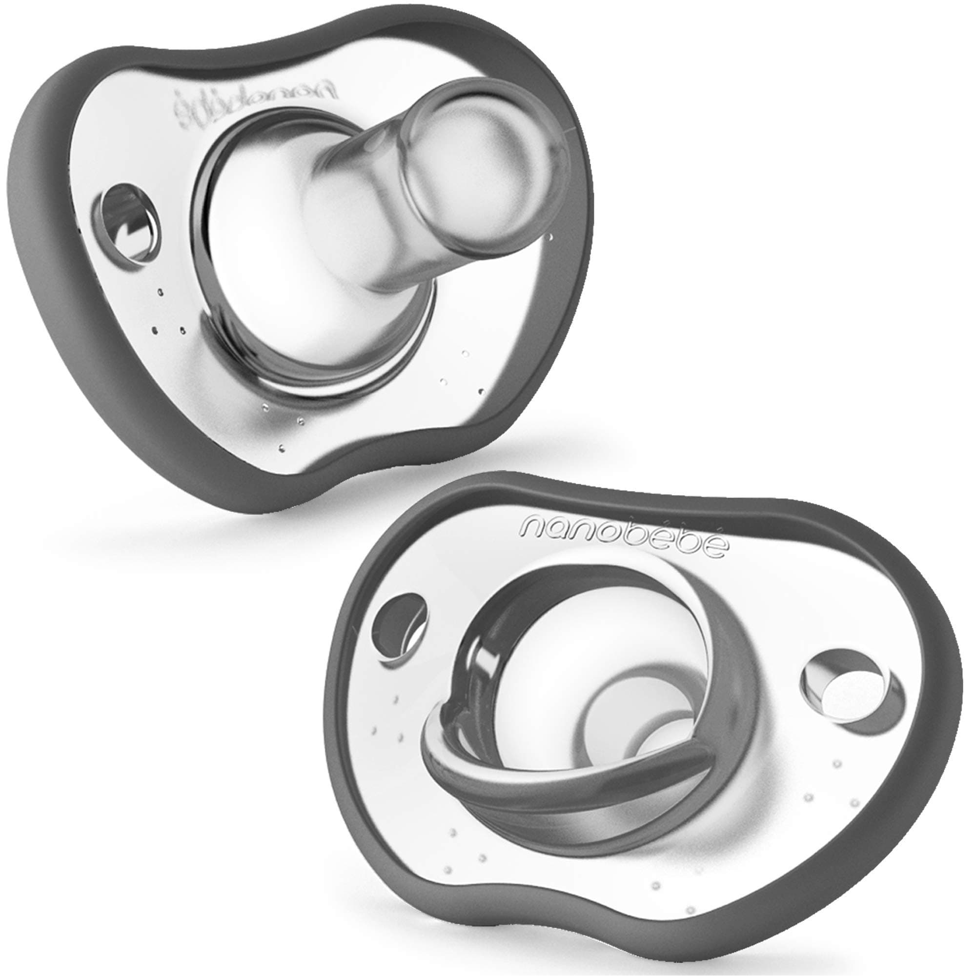 Baby Pacifiers 0 3 Month Orthodontic, Curves Comfortably with Face Contour, Award Winning for Breastfeeding Babies, 100% Silicone BPA Free. Perfect Baby Registry Gift 2pk, Grey
