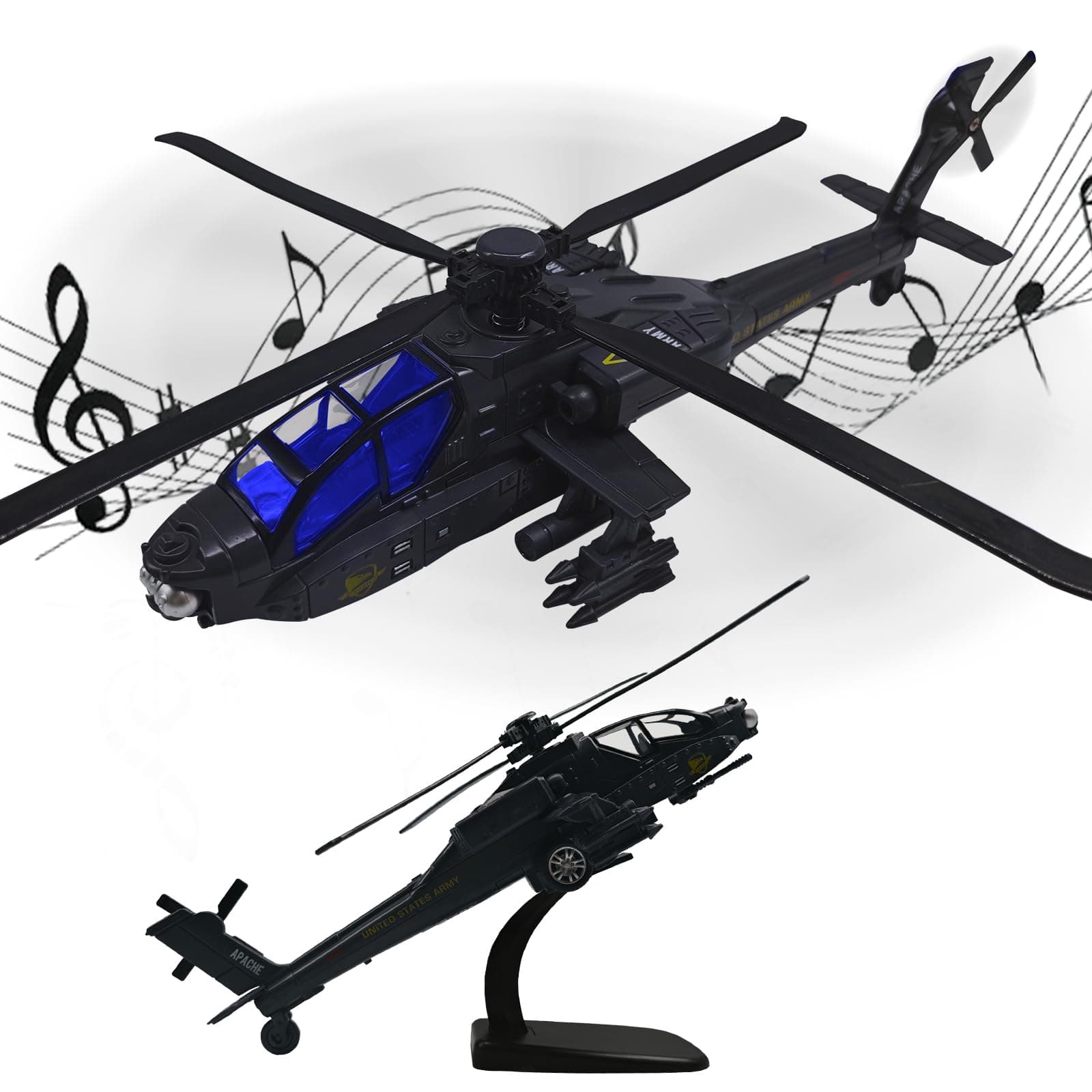 OTONOPI Military Helicopter Die-cast Army Aircraft Attack Plane Air Force Model Airplane with Light and Sounds Pull Back Toy Decoration with Display Stander for Kids Age 3+