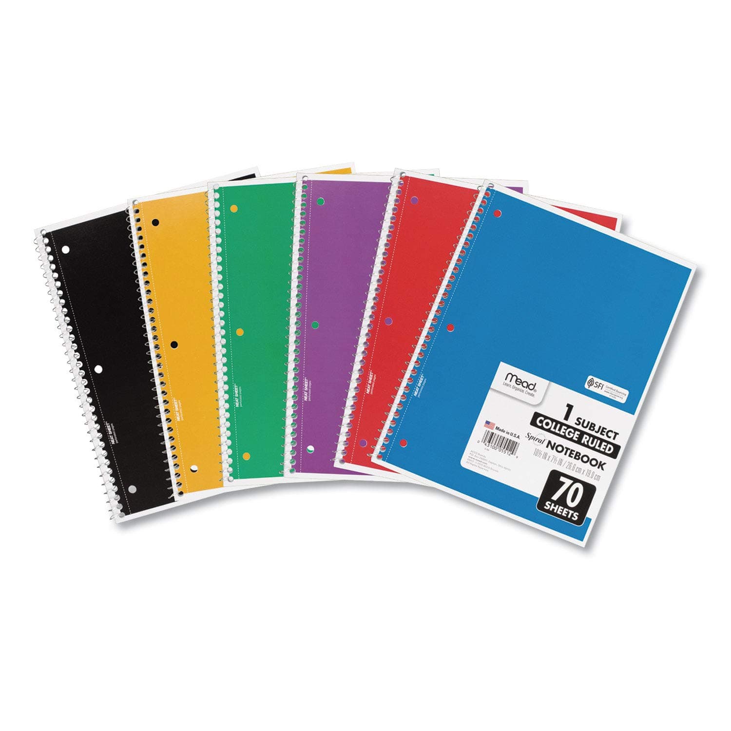 Spiral Notebooks, 6 Pack, 1 Subject, College Ruled Paper, 7-1/2" x 10-1/2", 70 Sheets per Notebook, Color Will Vary (73065)