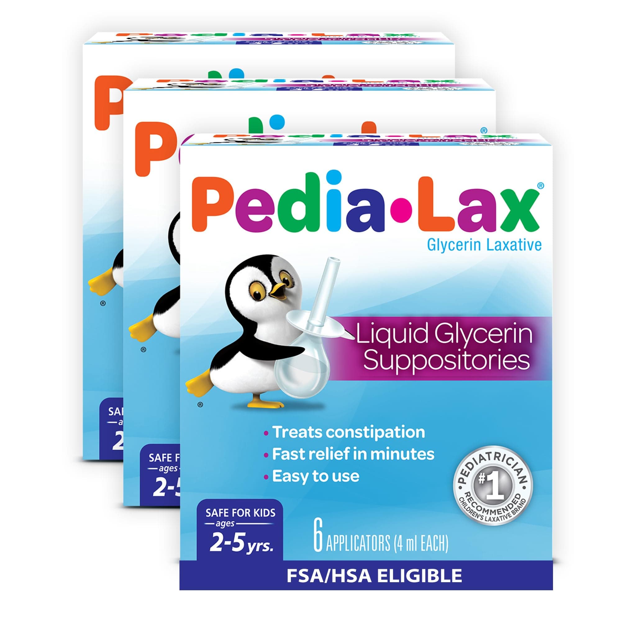 Pedia-Lax Liquid Glycerin Suppositories for Kids Ages 2-5, Gentle Constipation Relief Laxative for Children, 6 Count, Pack of 3