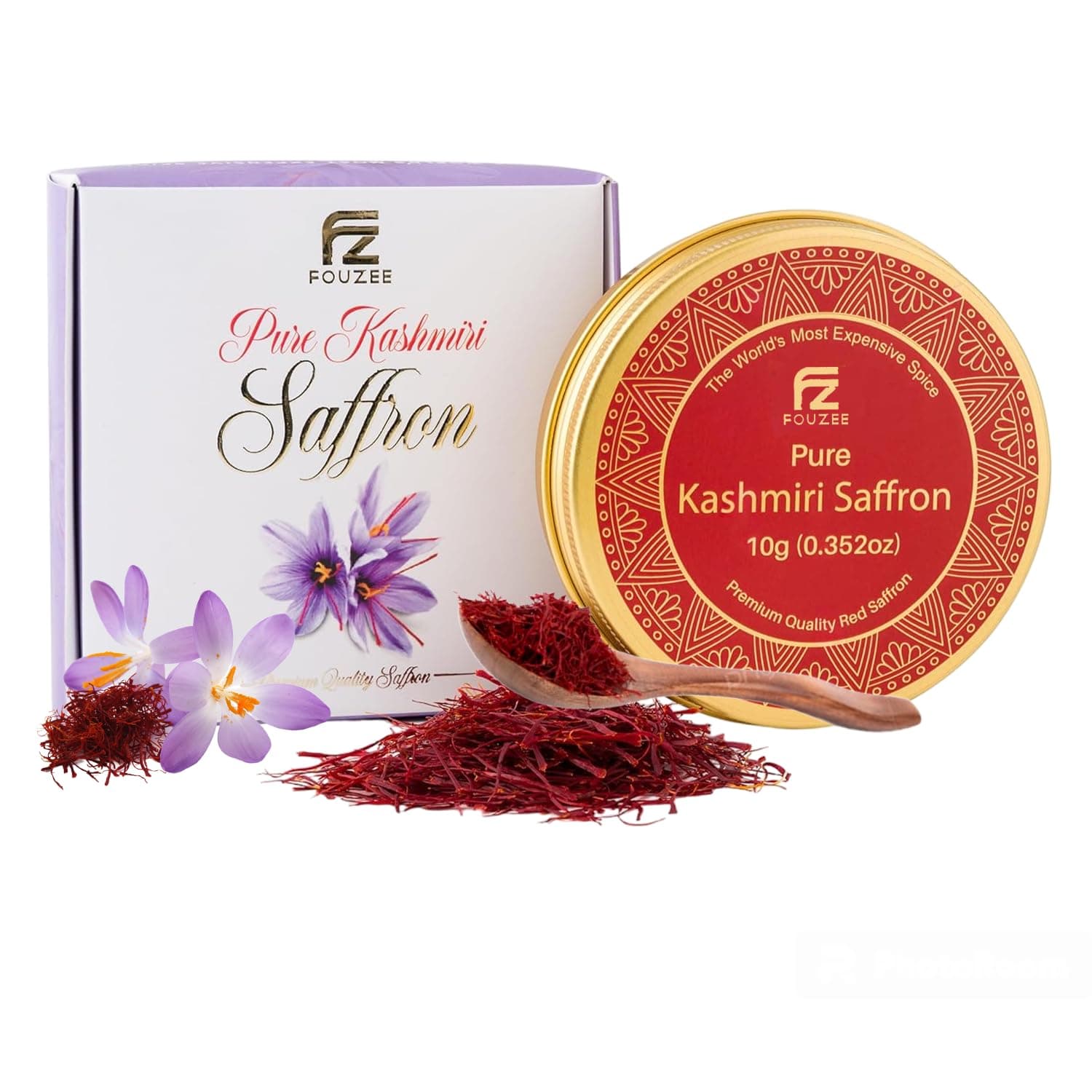 FOUZEE Pure Kashmiri Saffron Threads for Cooking, Spice, Spanish Foods. Finest Dark Red Saffron Delicious with Persian Rice, Tea, Golden Milk, Desserts, Rissoto Bulk Saffron Pack 10g