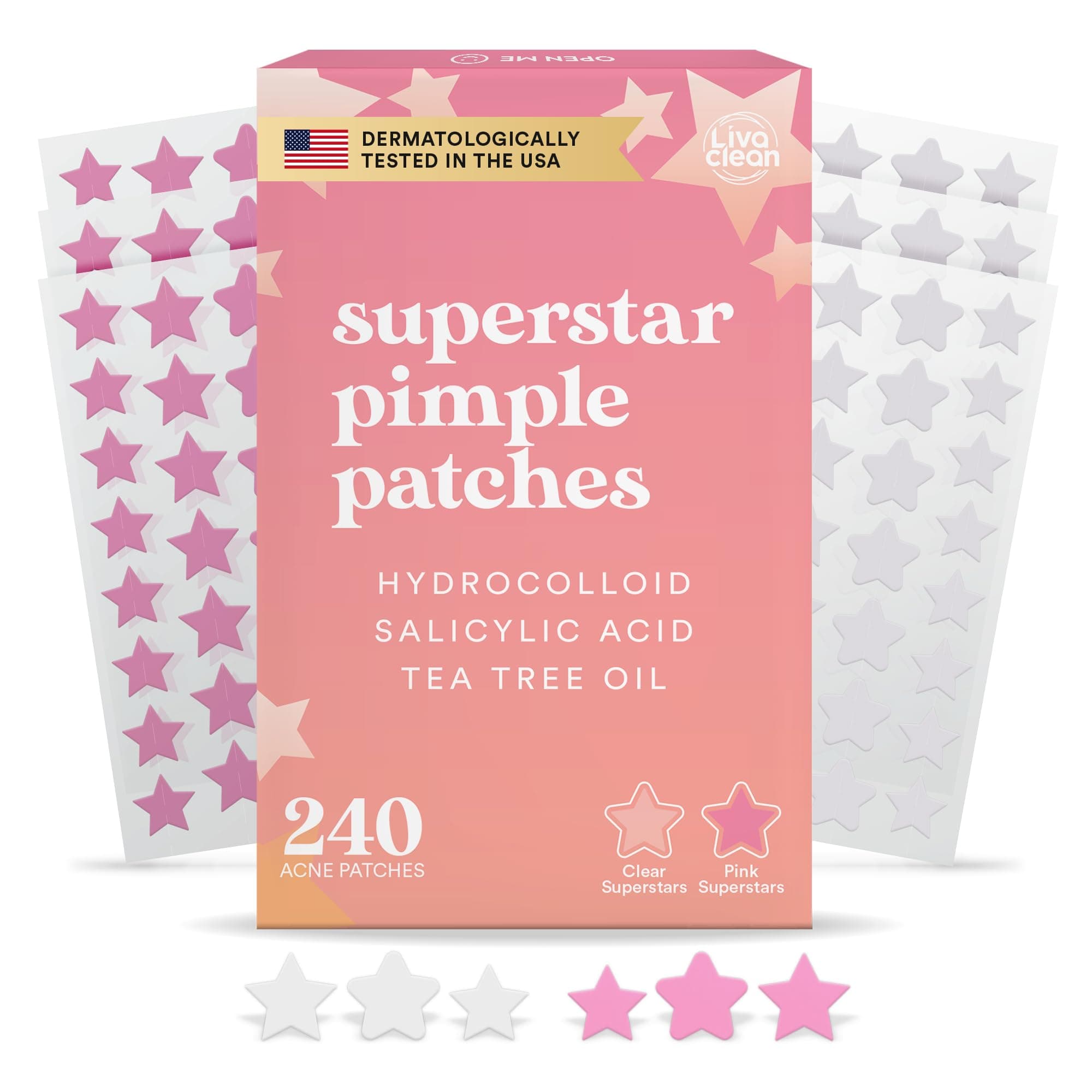 Star Blemish Patches (240CT) - Salicylic Acid & Tea Tree Oil, Clear & Pink Pimple Patch Cute, Acne Star, Cute Pimple Skincare, Patches for Face, Blemish Patch