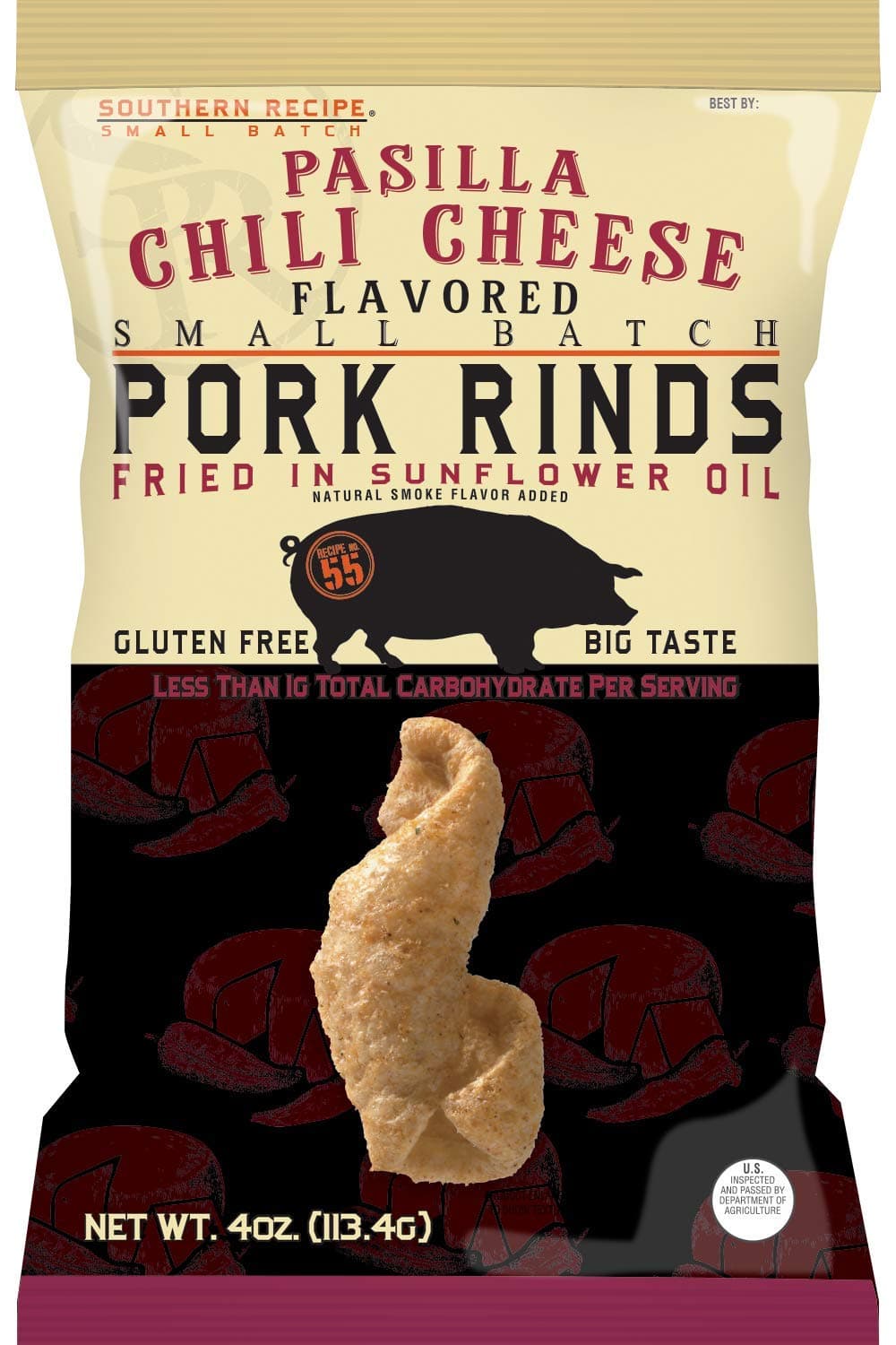Pasilla Chili Cheese Pork Rinds | Southern Recipe Small Batch | Keto Friendly, Gluten Free, Low Carb Food | 7g of Collagen Per Serving | High Protein | 4 Oz Bag