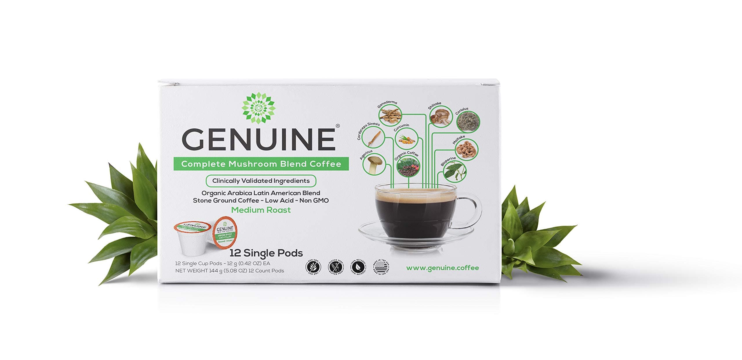 GENUINE HEALTHY MUSHROOM Coffee for Immune Boost & Vitality; Organic Non-GMO Arabica Blend Stone-Ground Coffee, Medium Roast, Low Acid, 6 Medicinal Mushrooms Infused (12 Single Cup Pods)