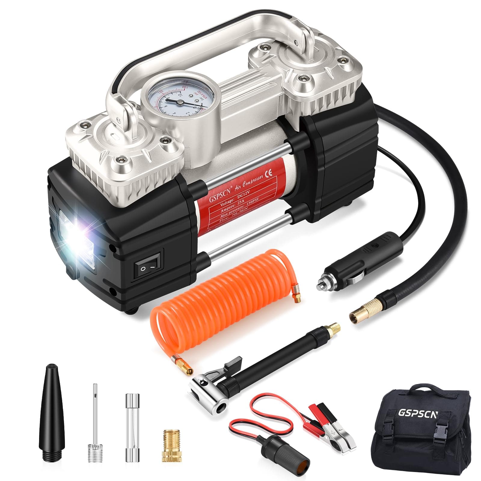 GSPSCN Silver Dual Cylinder 12V Air Compressor Pump for Car, Heavy Duty Portable Tire Inflator 150PSI with LED Work Lights for Auto,Truck,SUV, RV,Balls etc