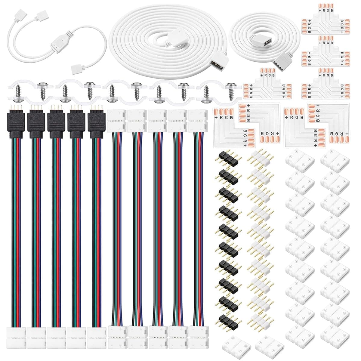 ZIBUYU® 4 Pin RGB LED Strip Connector Kit for 5050 10mm Light Strip, Includes RGB Extension Cable, LED Strip Jumper, 2 Way Splitter Cable, 'L'&' T' Shape Connector, Gapless Connectors, LED Strip Clips