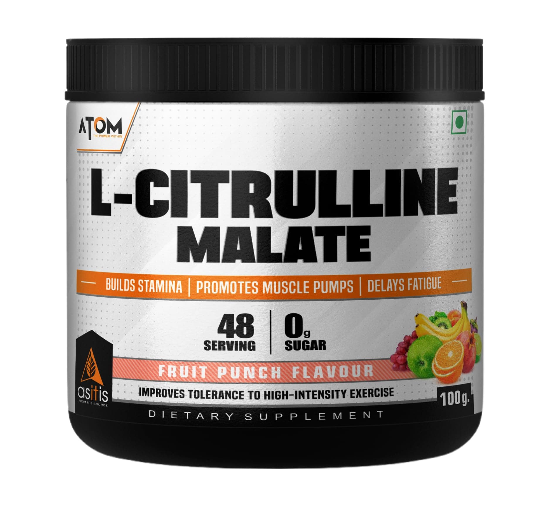 Asitis Nutrition ATOM L Citrulline Malate 2:1-100gms | 48 servings | 0 Sugar | Improves Tolerance to High-Intensity Exercise | Builds Stamina | Fruit Punch