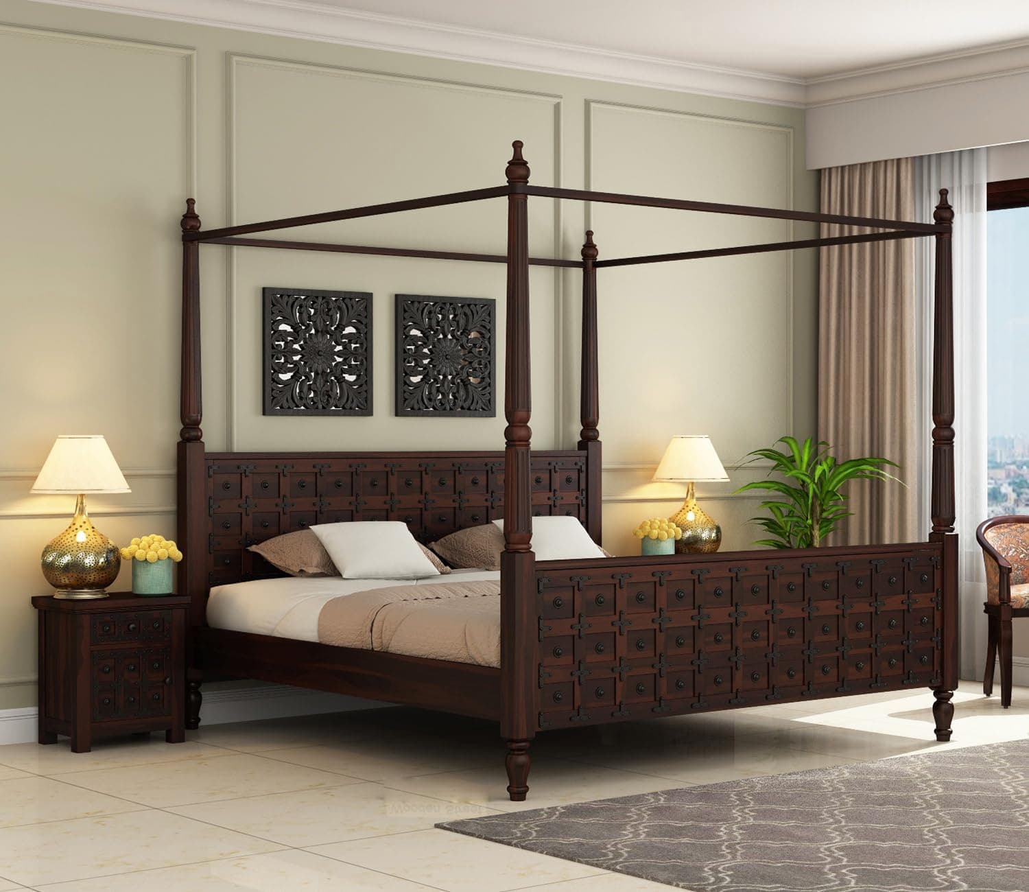 KUSUM HANDICRAFTS Solid Sheesham Wood Queen Size Poster Bed without Storage Wooden Double Bed for Bedroom Living Room Home (Walnut Finish, Lambert)
