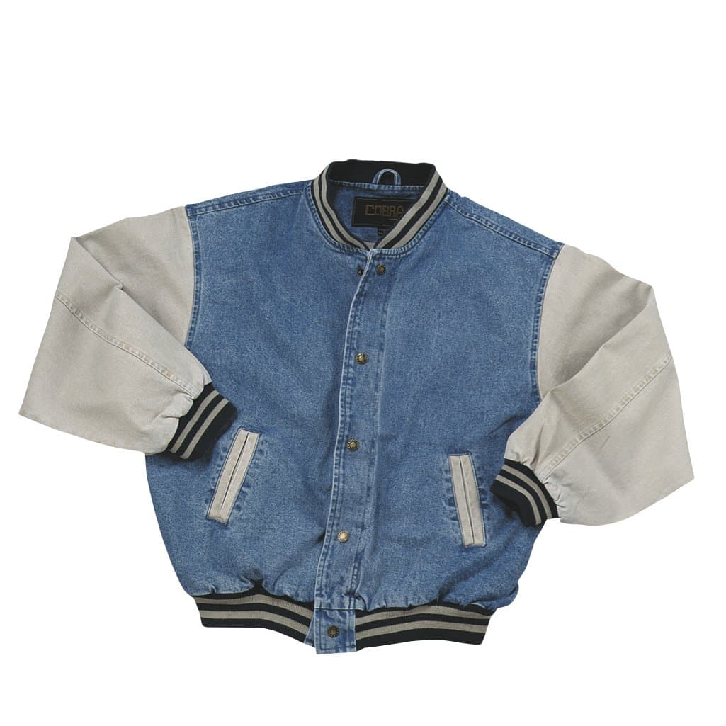 Washed Cotton- Vintage Denim Varsity Jacket with Khaki Sleeves