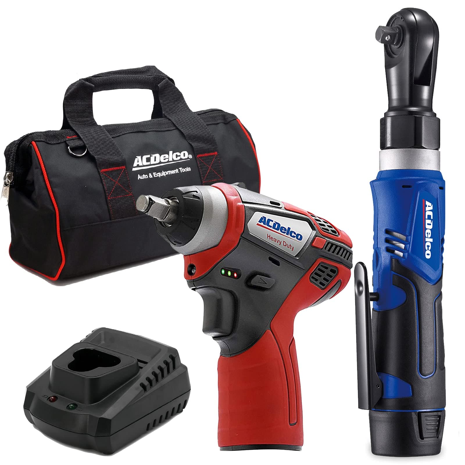 ACDelco ARW1209-K14 G12 Series 12V Li-ion Cordless 3/8" Ratchet Wrench & Impact Wrench Combo Tool Kit, Blue/Red