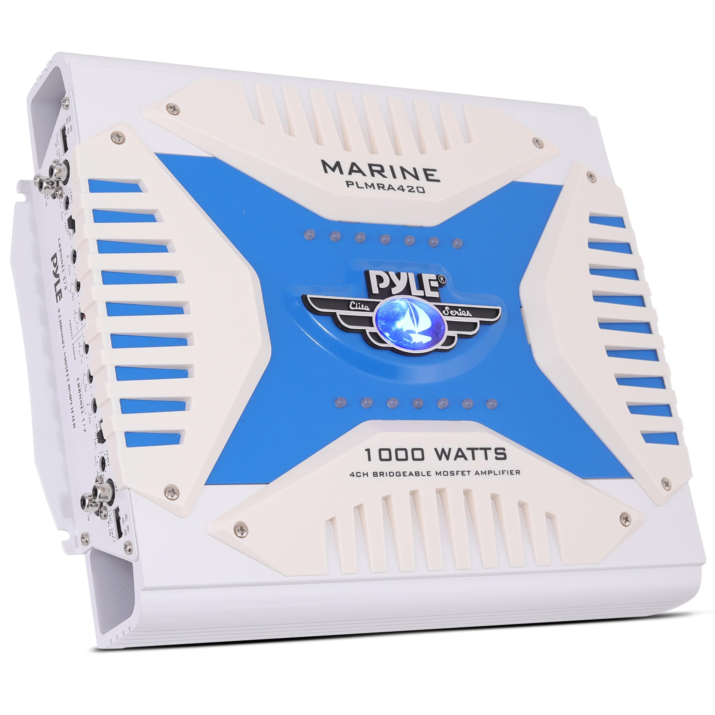 Pyle Hydra Marine Amplifier - Upgraded Elite Series 1000 Watt 4 Channel Bridgeable Amp Tri-Mode Configurable, Waterproof, MOSFET Power Supply, GAIN Level Controls and RCA Stereo Input(PLMRA420)