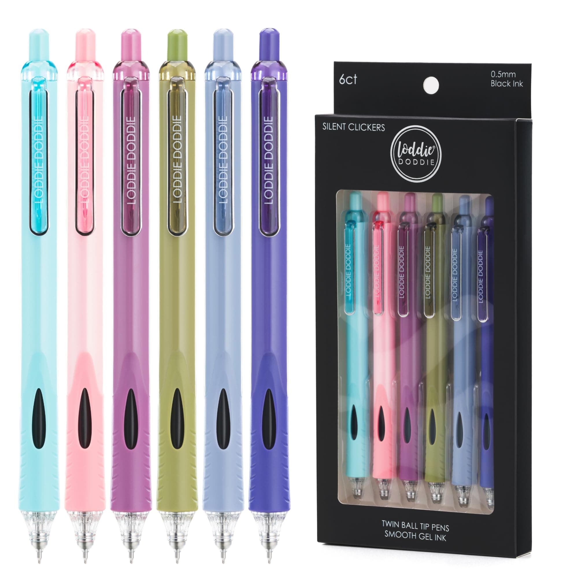 Loddie Doddie Retractable Gel Ink Pen Set - 0.5mm Fine Tip, Pack of 6, Colored Barrels - Silent Click & Smooth Writing Supplies - Quick-Dry Gel Journaling Pens - Ergonomic Grip Design