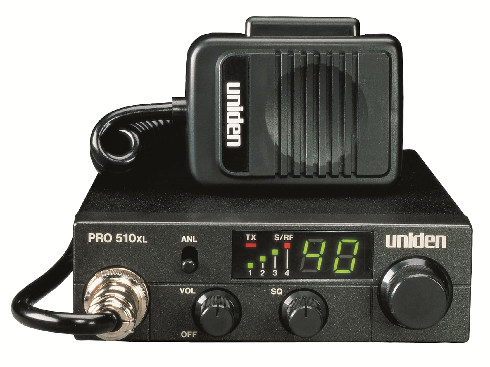 PRO510XL Pro Series 40-Channel CB Radio. Compact Design. Backlit LCD Display. Public Address. ANL Switch and 7 Watts of Audio Output. Unique PLL Circuit. S/RF LED Meter, Black