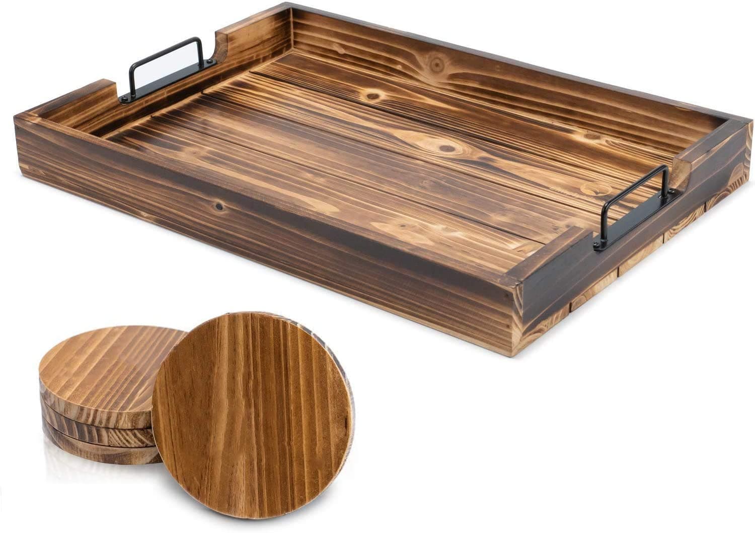 Ottoman Tray for Coffee Table - 17 x 13 Inch Decorative Serving Tray with Handles For Coffee Table and Living Room - Including 4 Round Wooden Coasters - By SimplyKitchenPlus