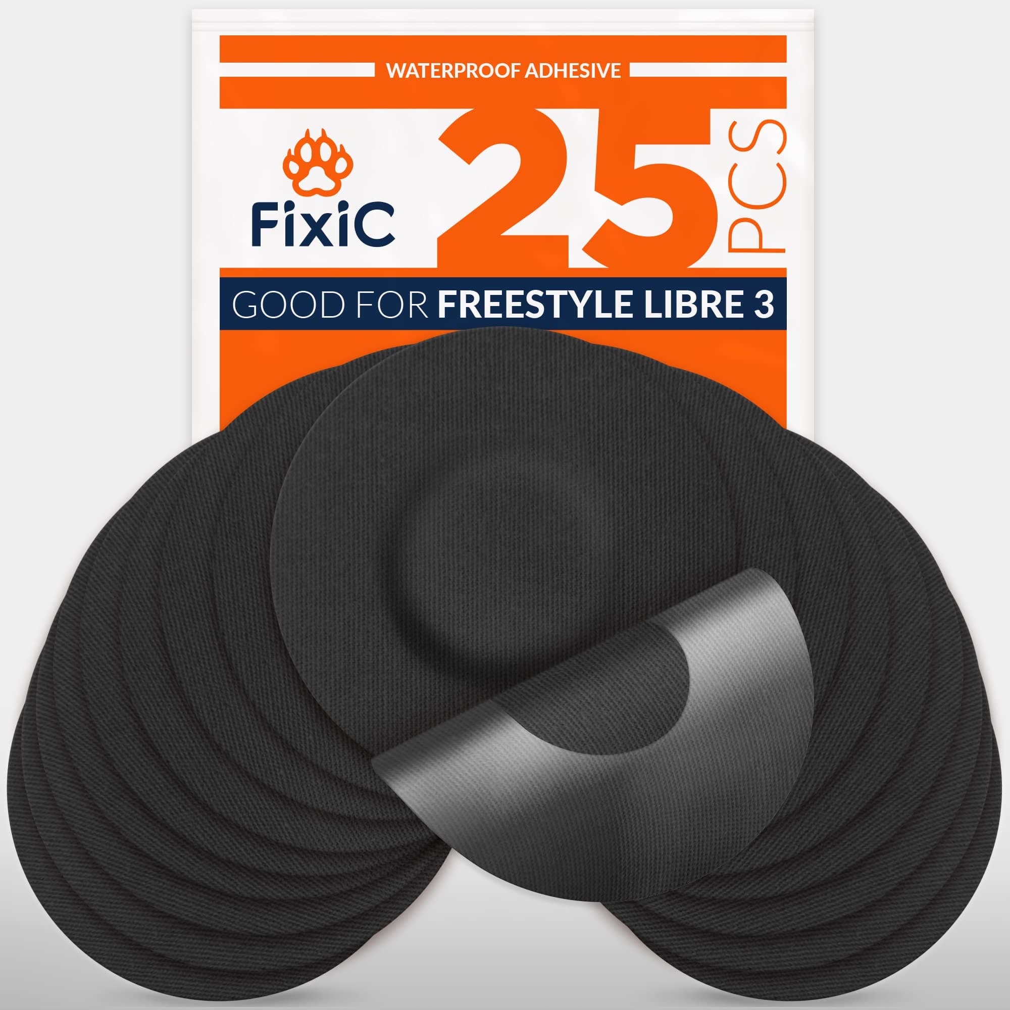 Fixic Freestyle Adhesive Patches 25 PCS – Good Only for Libre 3 & Plus – NO Glue in The Center of The Patch – Pre-Cut Back Paper – Long Fixation for Your Sensor! (Black)