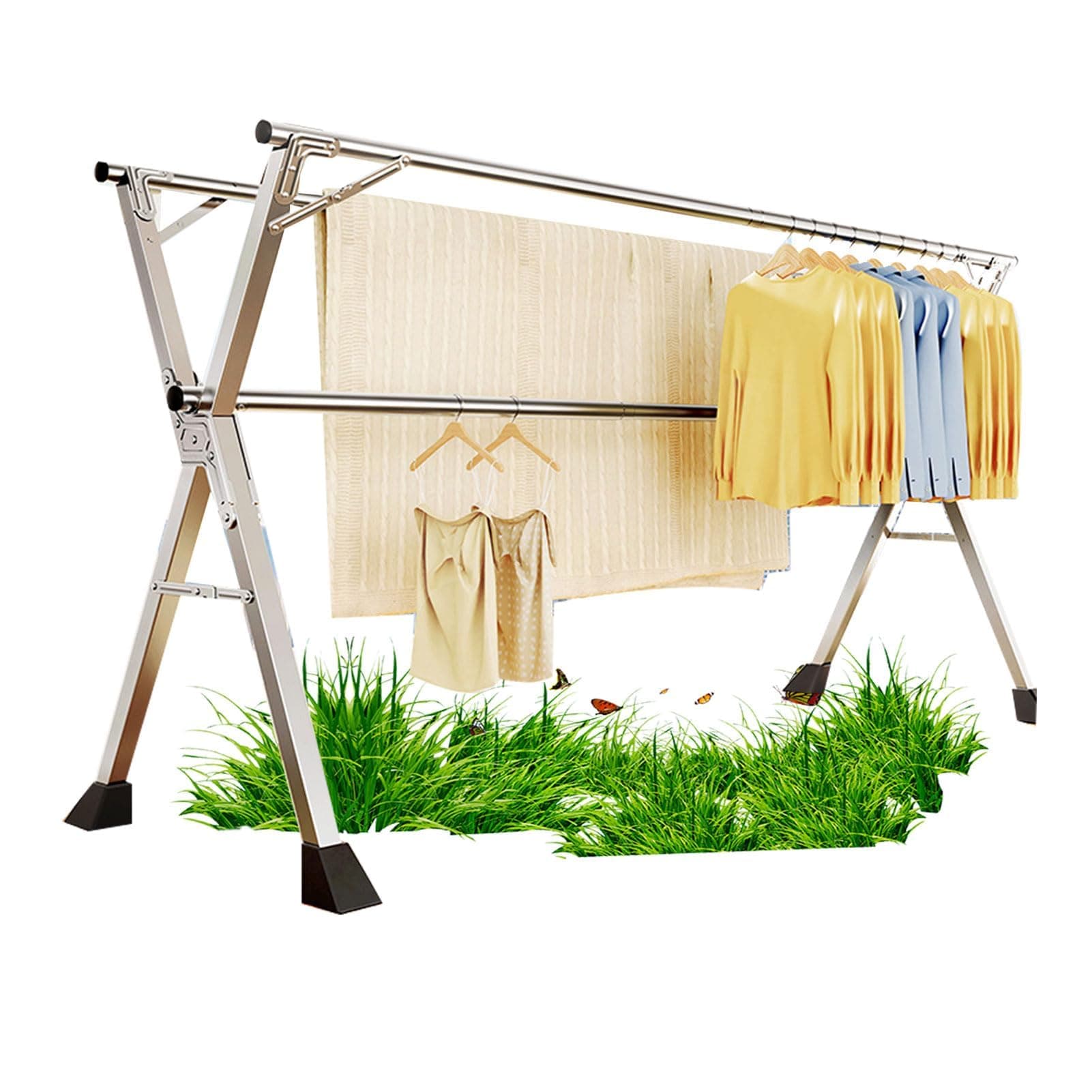 ORCHID M® 240 CM / 95 Inches Clothes Drying Rack, Foldable Laundry Rack, Clothes Dryer, Heavy Duty Stainless Steel Laundry Drying Rack, Large Clothes Drying Stand with 20 Windproof Hooks