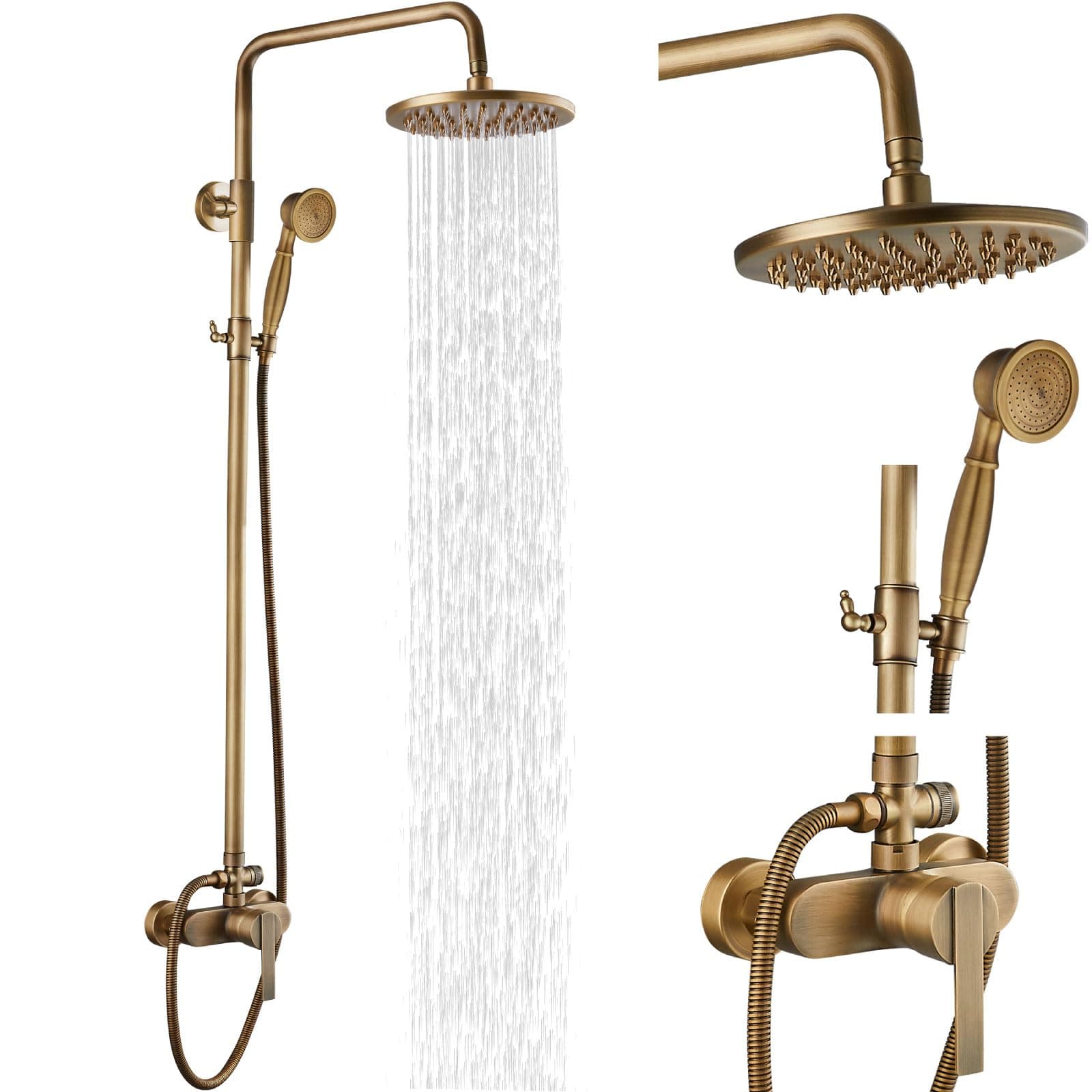 Airuida Antique Brass Exposed Pipe Shower System Shower Fixture Single handle 8 Inch Rainfall Shower Head Shower Faucet Adjustable Shower Head Bar Modern Dual Functions Combo Unit Set