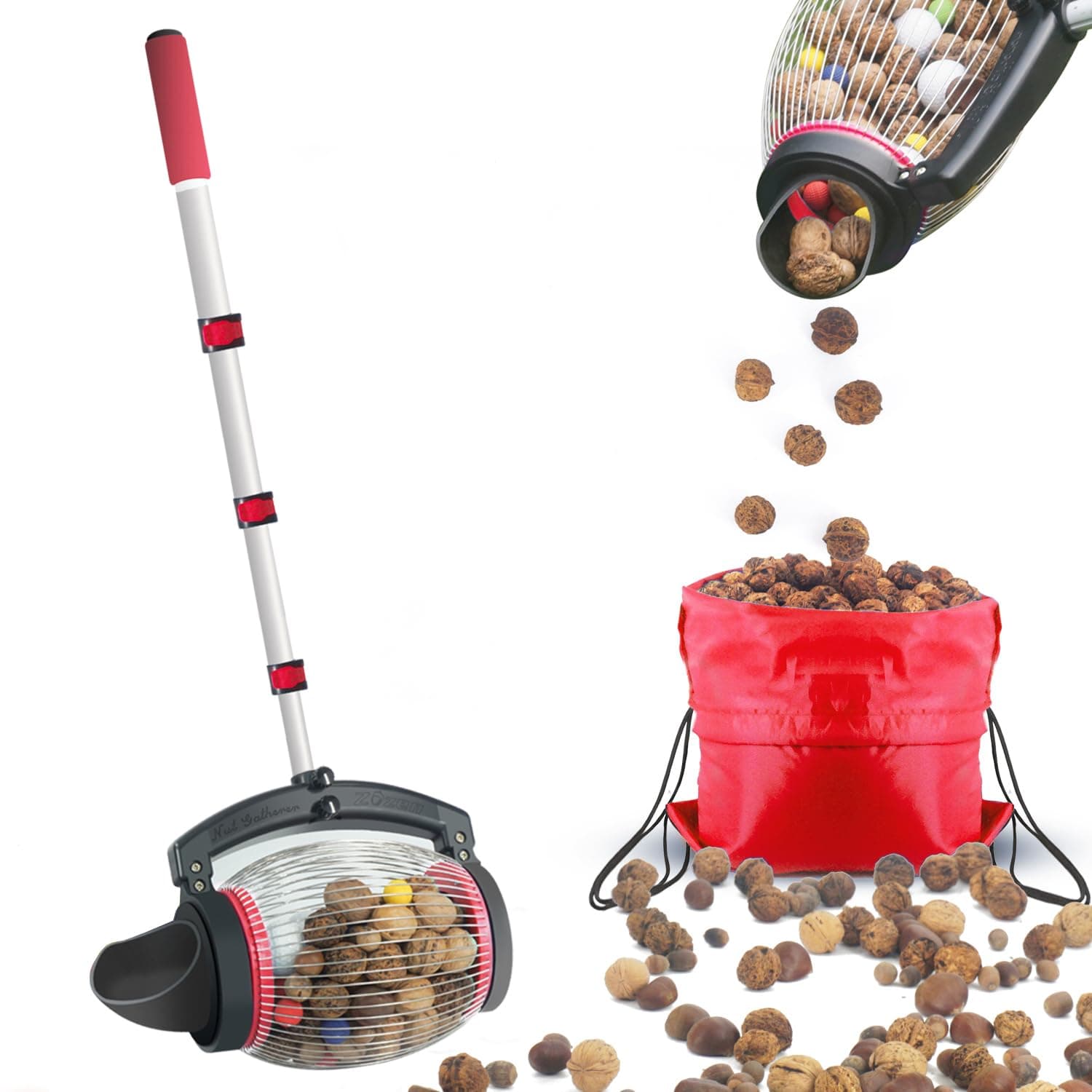 Zozen Nut Gatherer, Walnut Picker Upper Roller, Pecan Picker Upper - Directly Dump Outlet/Apply to Walnut, Pecan, Hickory, Chestnuts, Buckeyes, Nerf Balls, Golf Objects Size 3/4'' to 1.5''; 1 Gallon