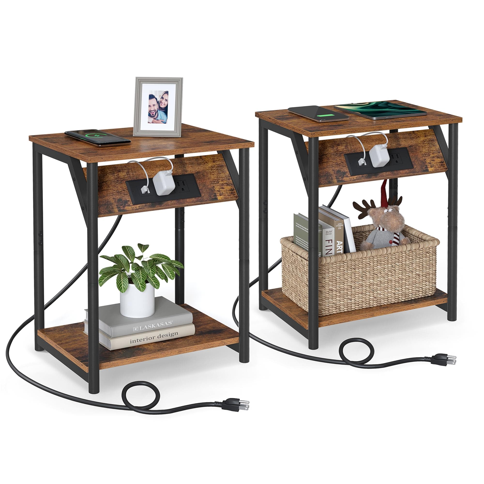 End Table with Charging Station, Set of 2, Small Side Tables for Living Room, Bedroom, Nightstand with Outlets and USB Ports, Bedside Table with Storage Shelf, Rustic Brown and Black