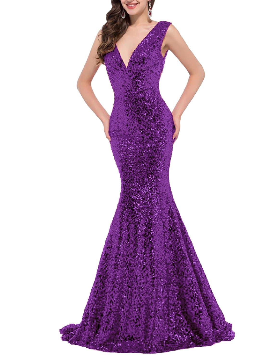 Long V-Neck Mermaid Sequins Prom Dresses Formal Gown Size 8 Grape