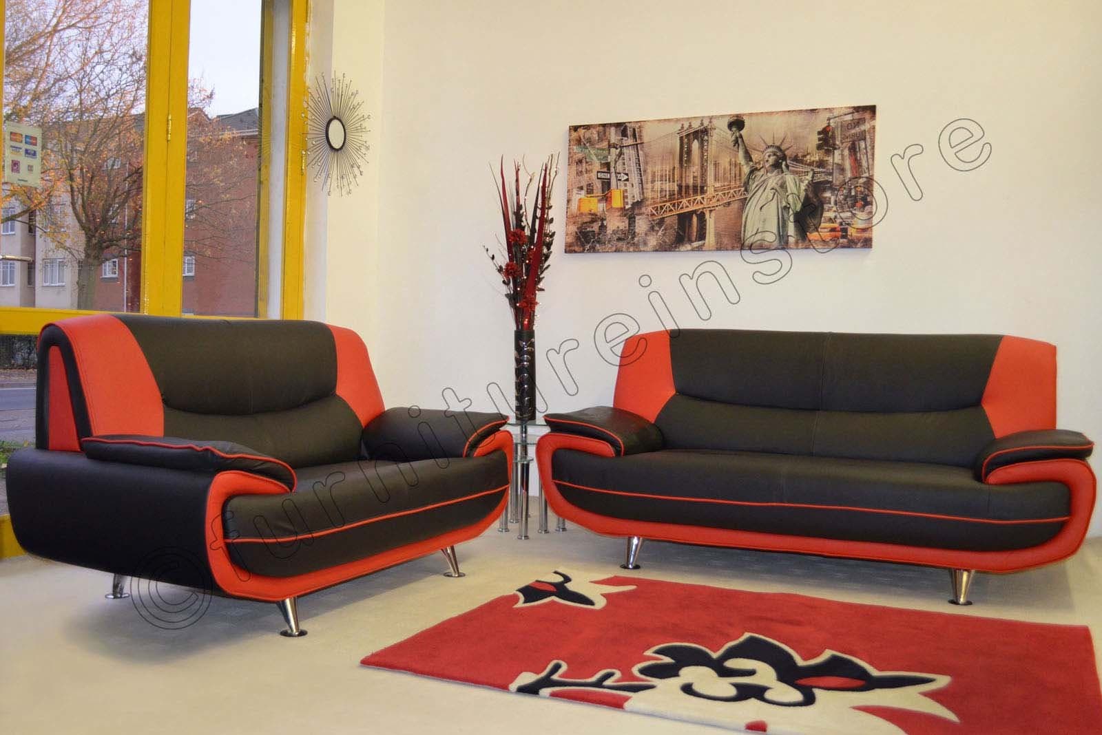 Passero 3+2 Seater Black and Red Faux Leather Sofa Suite Settee Couch