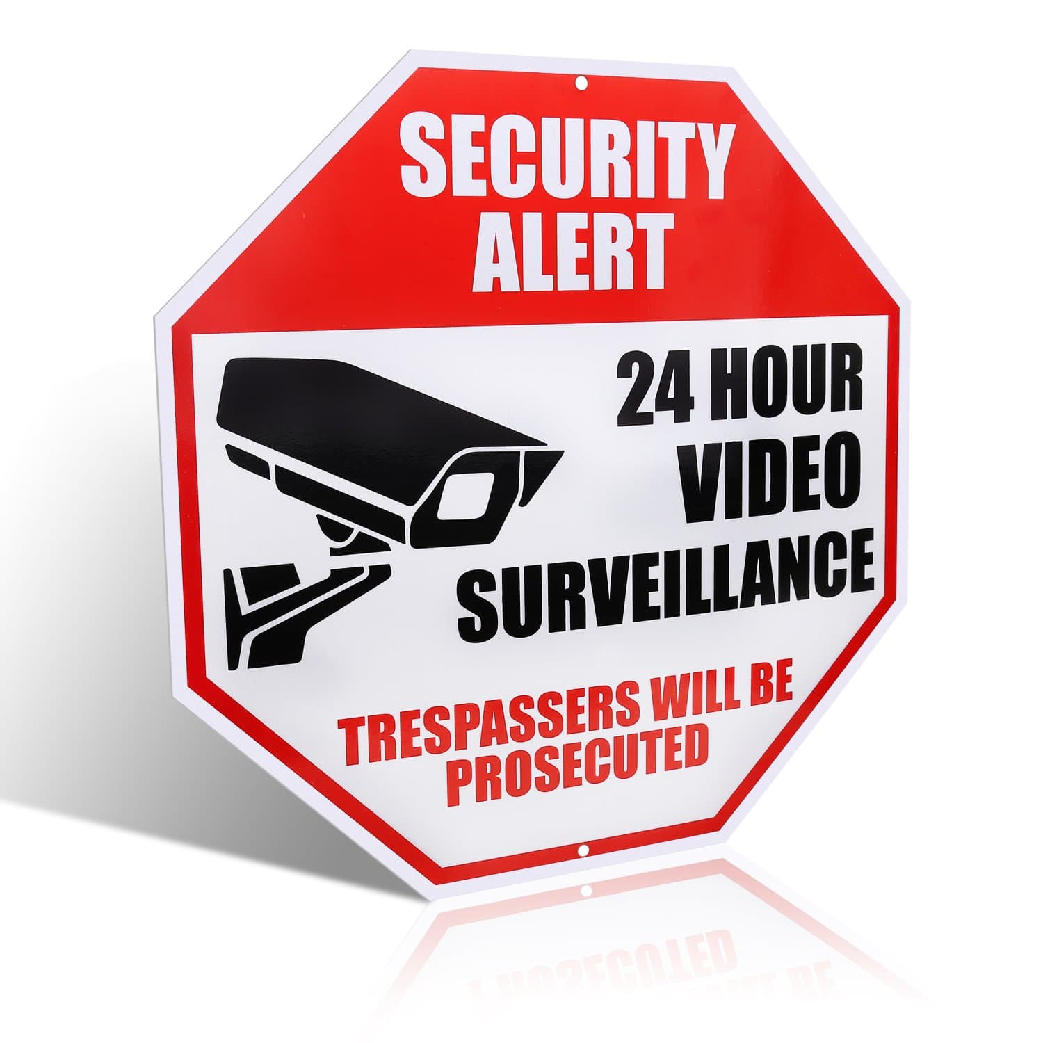 Video Surveillance Sign - REFLECTIVE - Business and Home 24 Hours CCTV Security Alert - Waterproof Indoor Outdoor Security Camera Warning - 12"x12" Aluminum Sign Sticker Decals, Red, Black On White