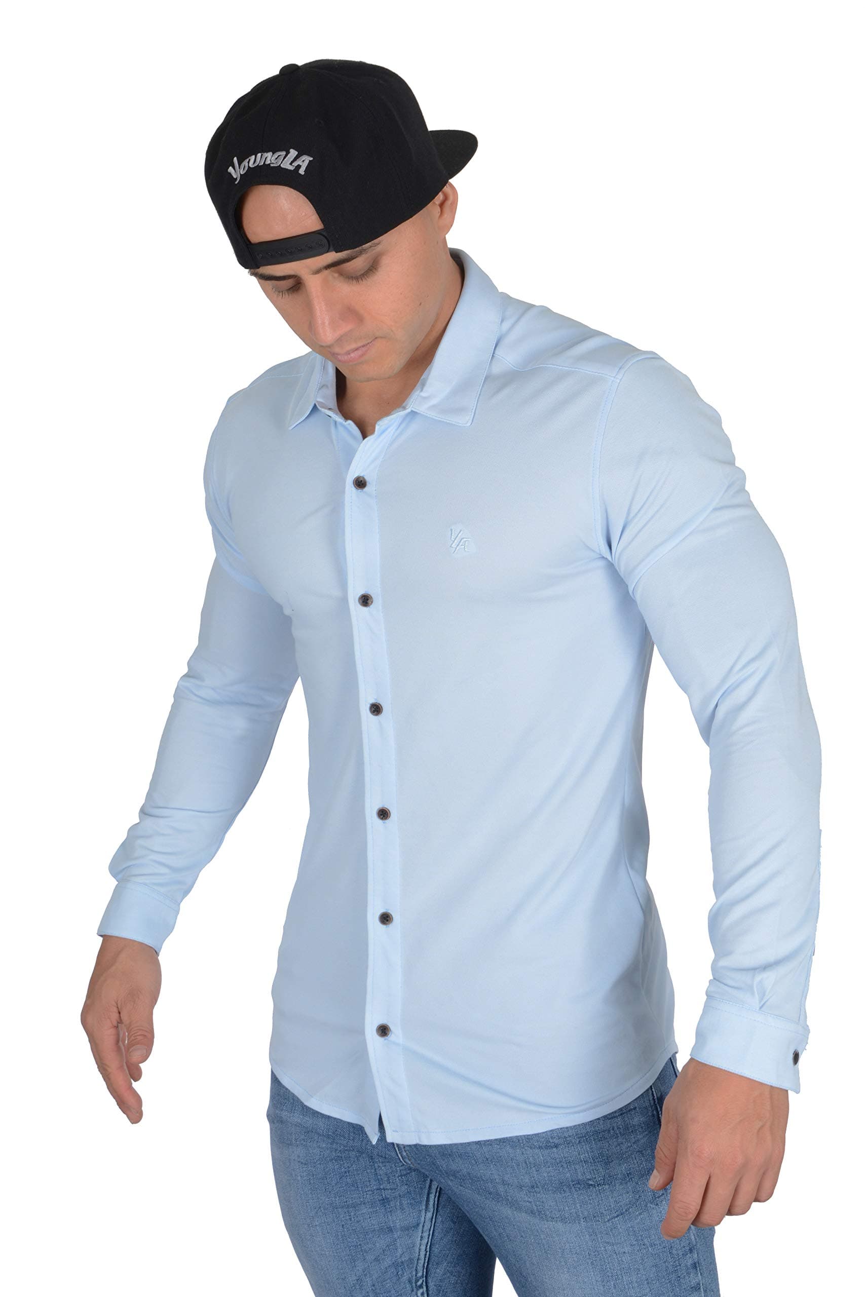 YoungLA Men’s Slim FIt Dress Shirts | Button Up Long Sleeves | Athletic Fitted | Formal Long Sleeves for Work and Casual 415 Blue