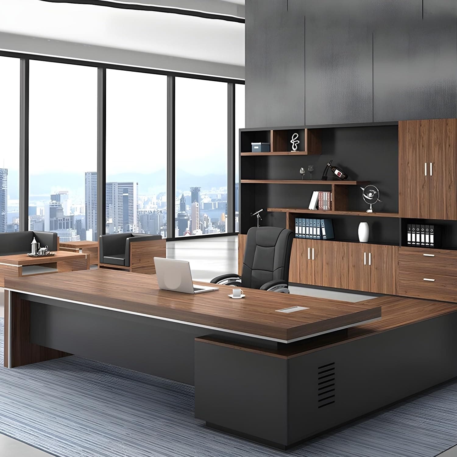 Wood Office Desk, Modern L-Shape Executive Desk with Wood Sled Base and Cable Management – Brown (78.7" L x 31.5" W x 29.5" H, Left Hand Return)