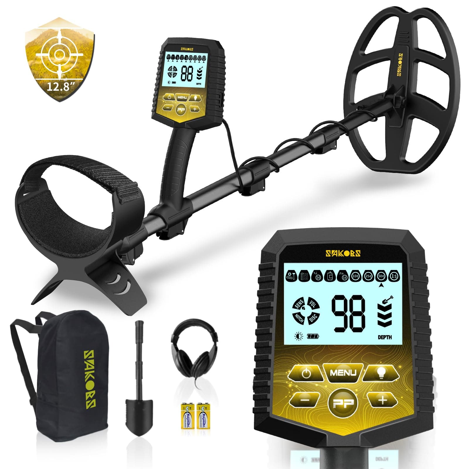 SAKOBS Metal Detector for Adults Professional – Higher Accuracy 9 Types of Metal Target Detection, 11" Waterproof Double-D Coil, New Upgraded DSP Chip and LCD Display (12.8" Detection Depth)