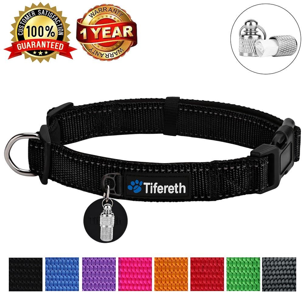 Tifereth Dog Collars Nylon Buckle Dog Collar Comfortable Dog Collar Padded and Light Weight 8 Colors Small Medium Large Sizes (Free Pet ID Tag) (Large, Black)