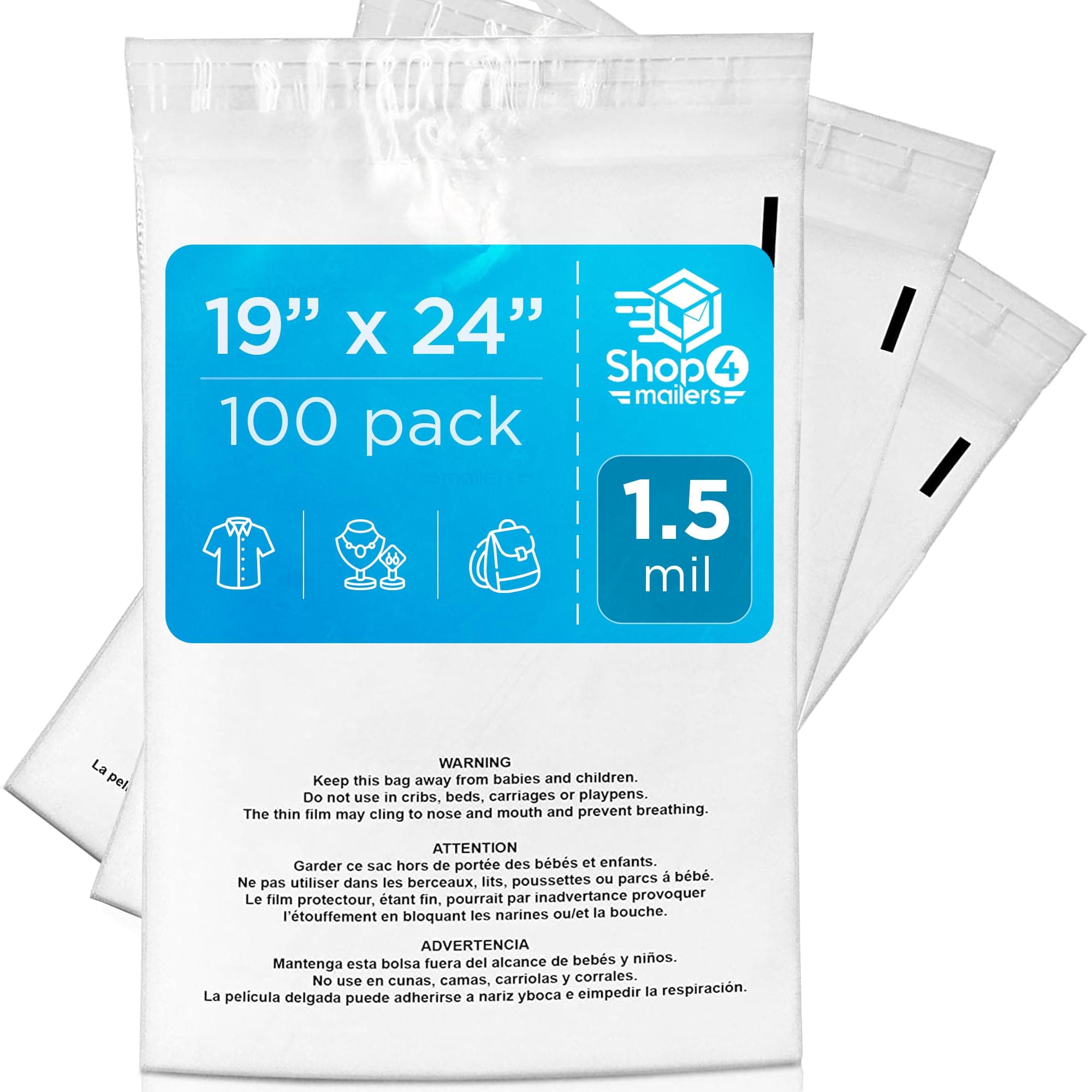 Shop4Mailers 19x24 Clear Poly Bag with Suffocation Warning – Self-Seal Adhesive, 1.5 Mil Clear Bag for FBA, Packaging Bags, Clothes Storage, & Shipping Bags – Resealable Poly Mailers (Pack of 100)