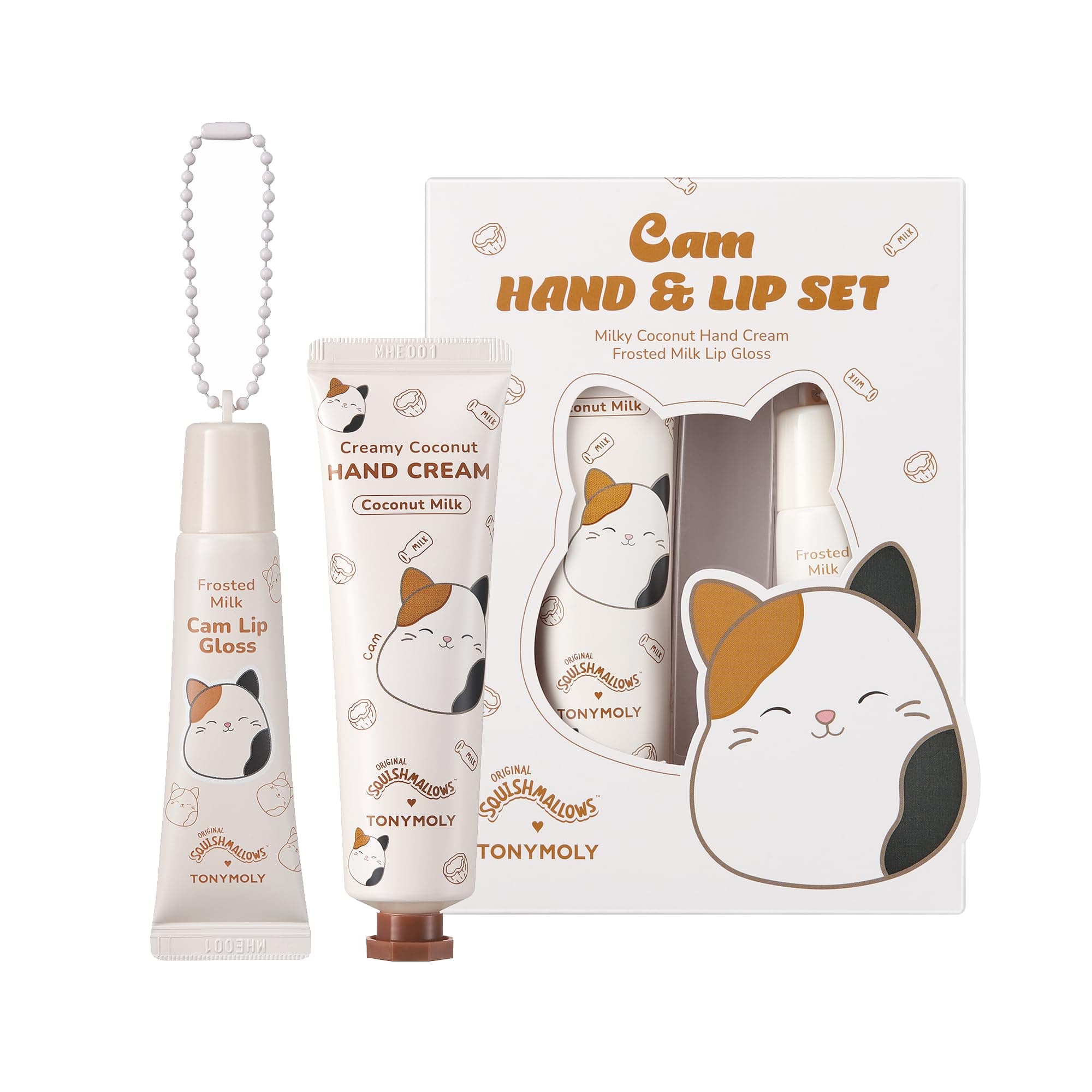 TONYMOLY x Squishmallow Cam the Cat 2PC Hand Cream & Lip Gloss Set, Coconut Milk Hand Cream, Frosted Milk Lip Gloss