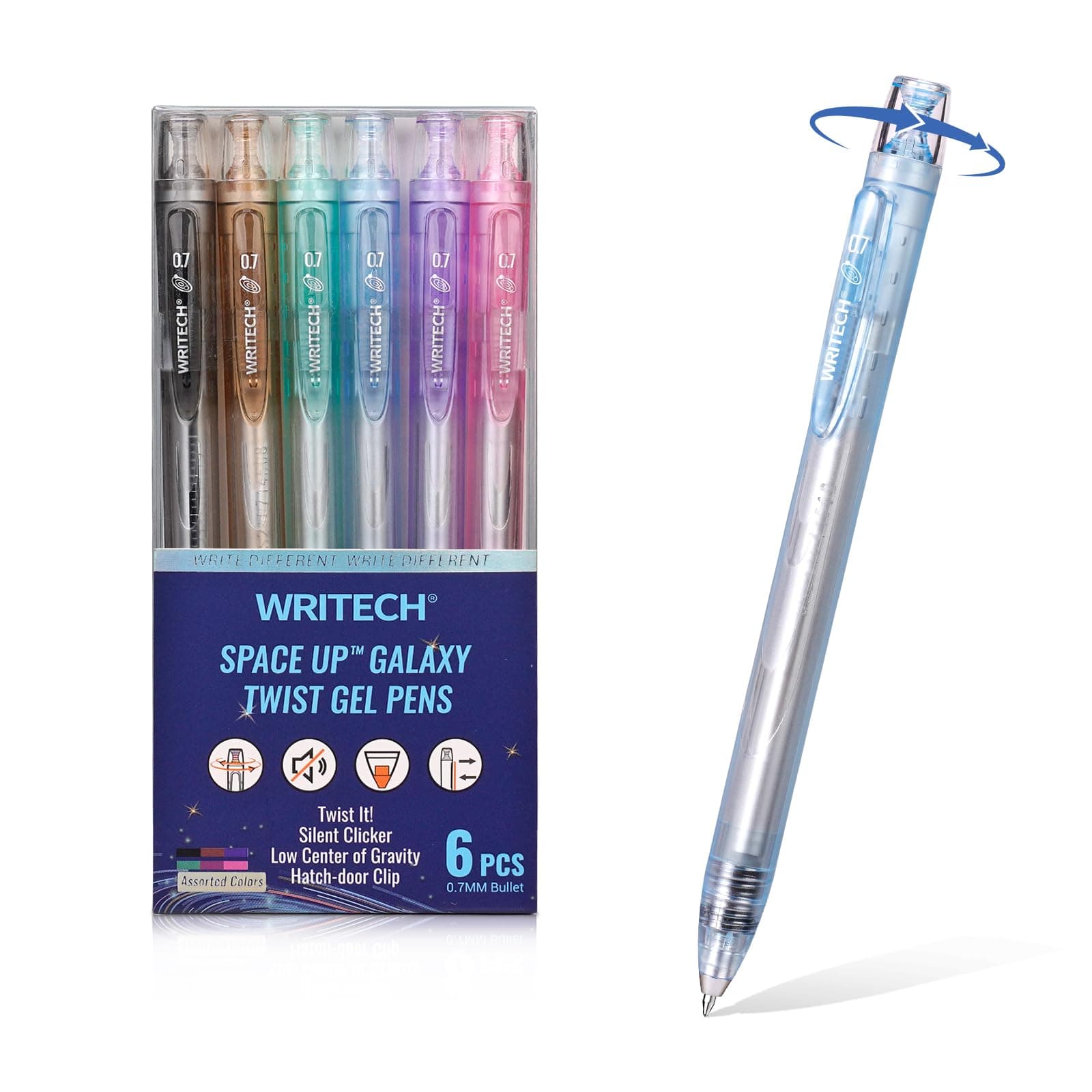 Twist Gel Ink Pens: Multicolor Medium Point 0.7mm 6ct Low Center of Gravity Rotatable Pen No Smear Silent Click Space Up Gel Galaxy