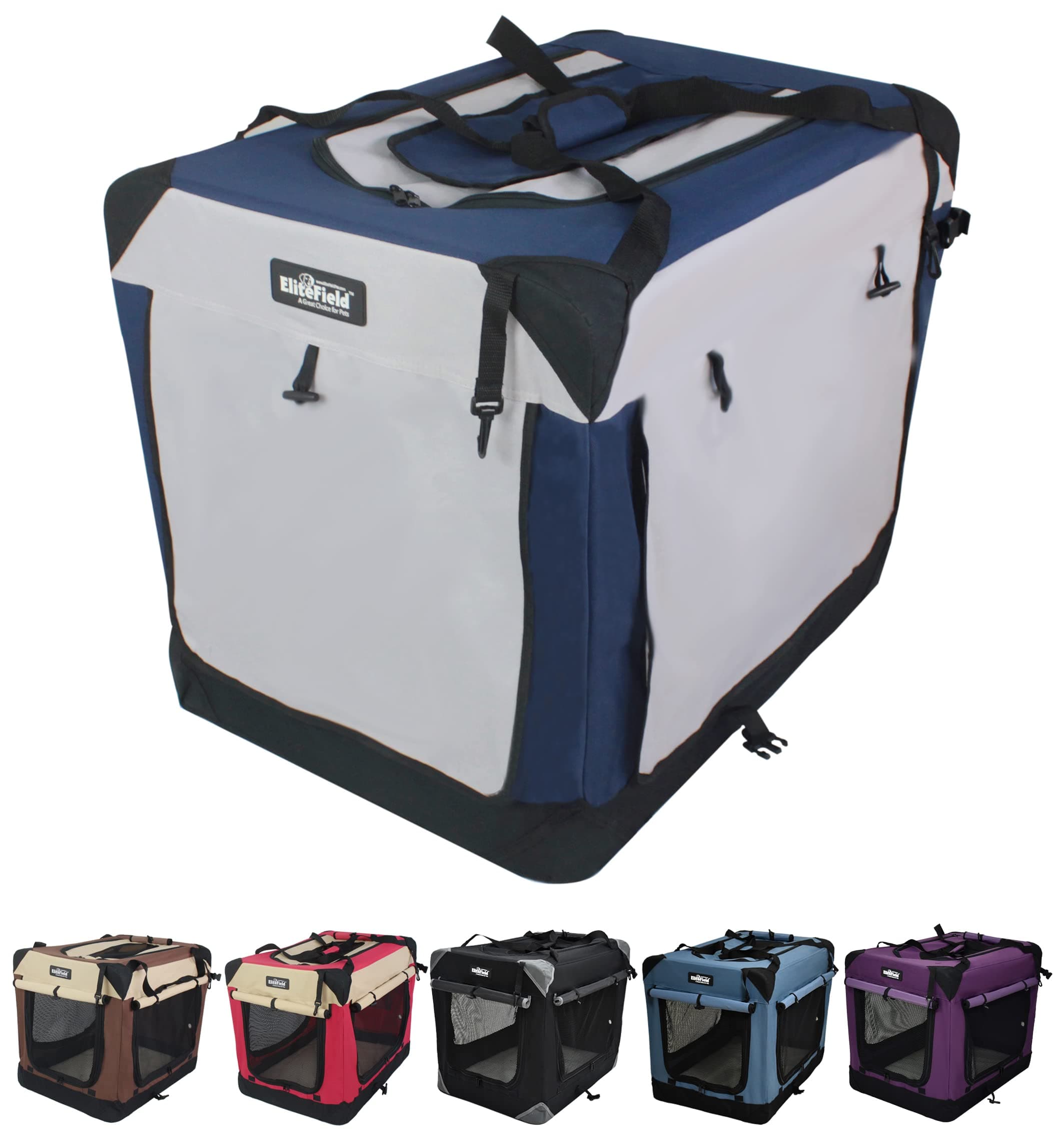 EliteField 4-Door Folding Soft Dog Crate with Curtains (2 Year Warranty), Indoor & Outdoor Pet Home, Multiple Sizes and Colors Available (20" L x 14" W x 14" H, Navy Blue+Gray)