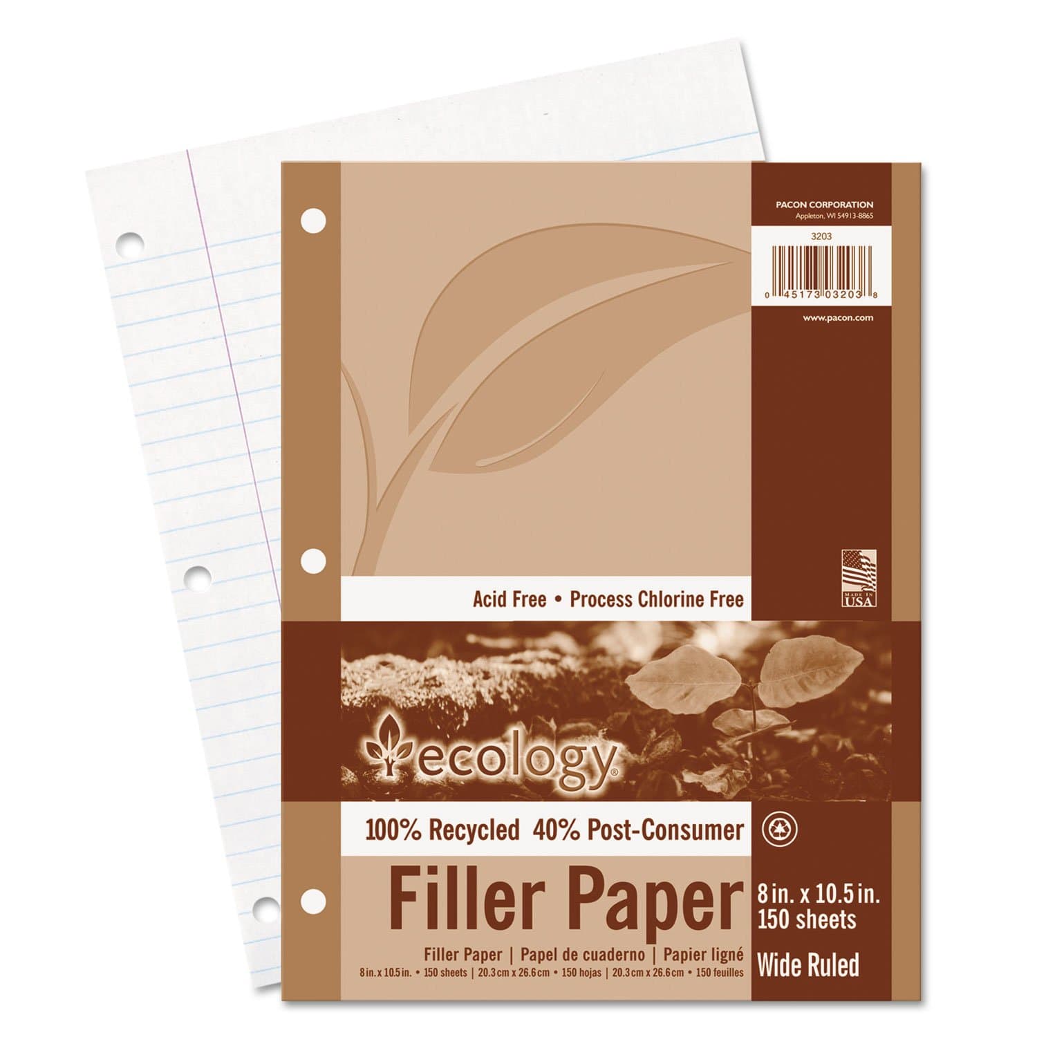 Ecology Recycled Filler Paper, Wide Ruled, White, 150 Sheets