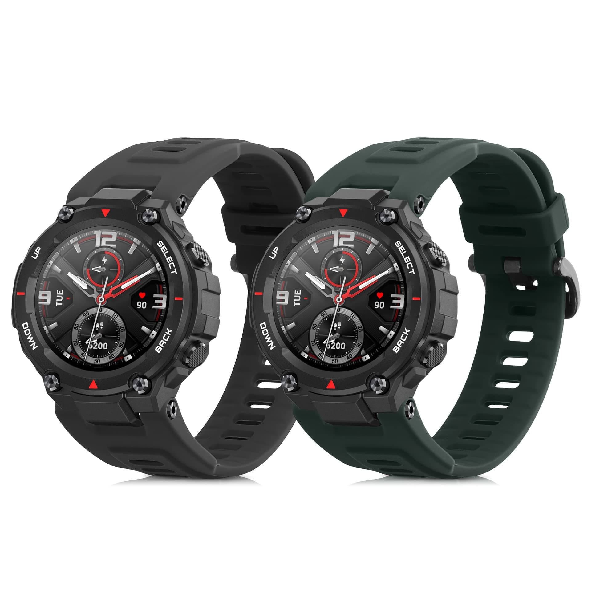 kwmobile Straps Compatible with Huami Amazfit T-Rex/T-Rex Pro Straps - 2x Replacement Silicone Watch Bands - Black/Dark Green