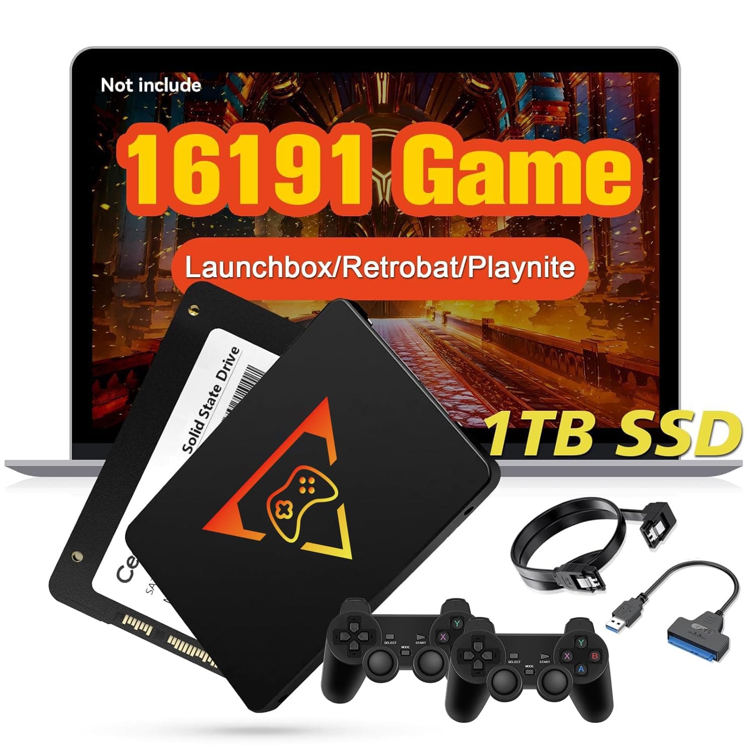 Retro Game Console SSD 1TB,16191 Video Games, 80+ Emulator Consoles,3 Game Systems, Launchbox Hard Drive Emulator,Compatible with Win 8.1/10/11 PC,1 Sata to USB-A Cable (SSD+Wireless Controller706*2)