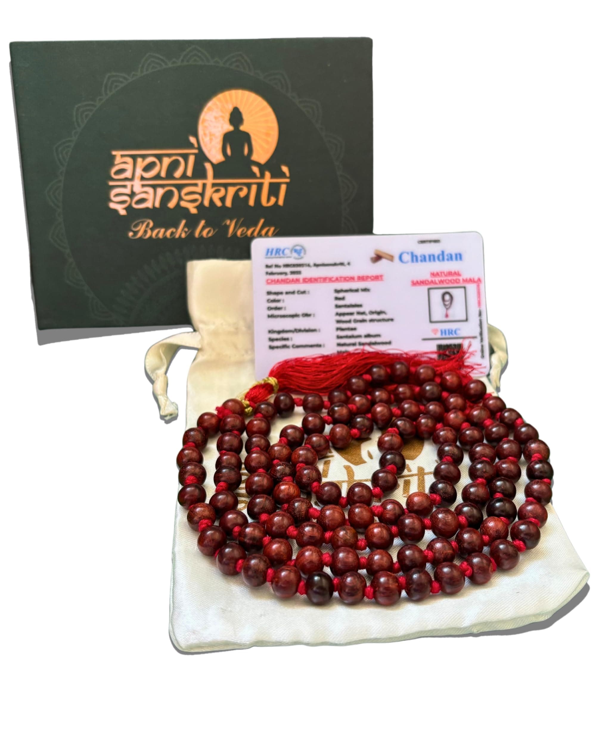 Apnisanskriti Lal Chandan Mala (Red Sandalwood Rosary) for Japa and Men & Women (7-8mm, Large Bead Size, 108+1 Beads, Lab Certified) - Natural Lal/Red Chandan Beads - Pack of 1