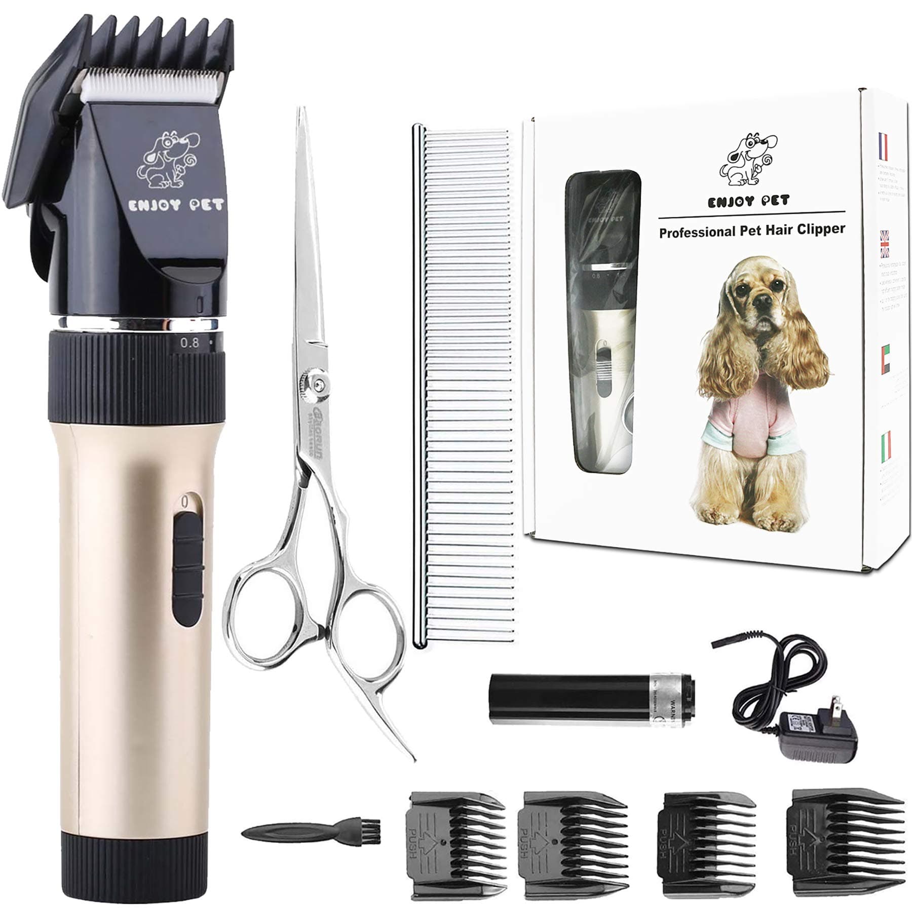 ENJOY PET Dog Grooming Clippers for Pet Low Noise, Professional Dog Hair Trimmer Clippers Detachable Blades Cordless Silent Rechargeable with Guards & Combs for Dog Cat Horse - Gold