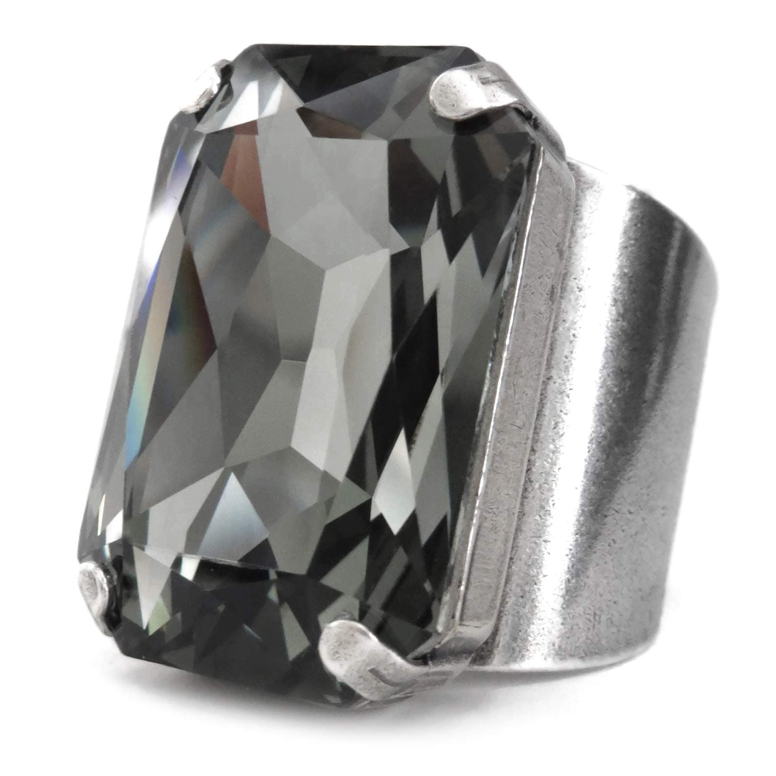 Large Rectangle Crystal Ring in Black Diamond - Unisex Adjustable Band