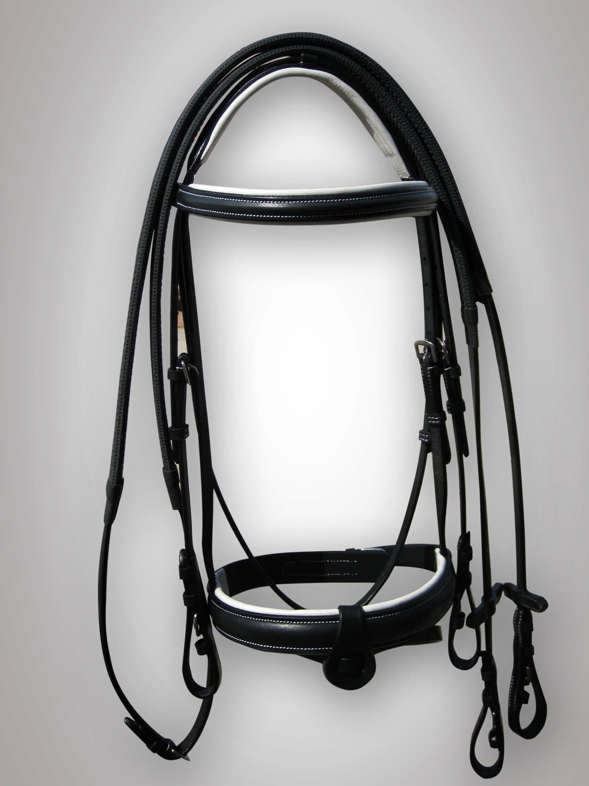 QUALITY BLACK LEATHER BRIDLE FULLY WHITE PADDED WITH RUBBER REIN IN COB SIZE