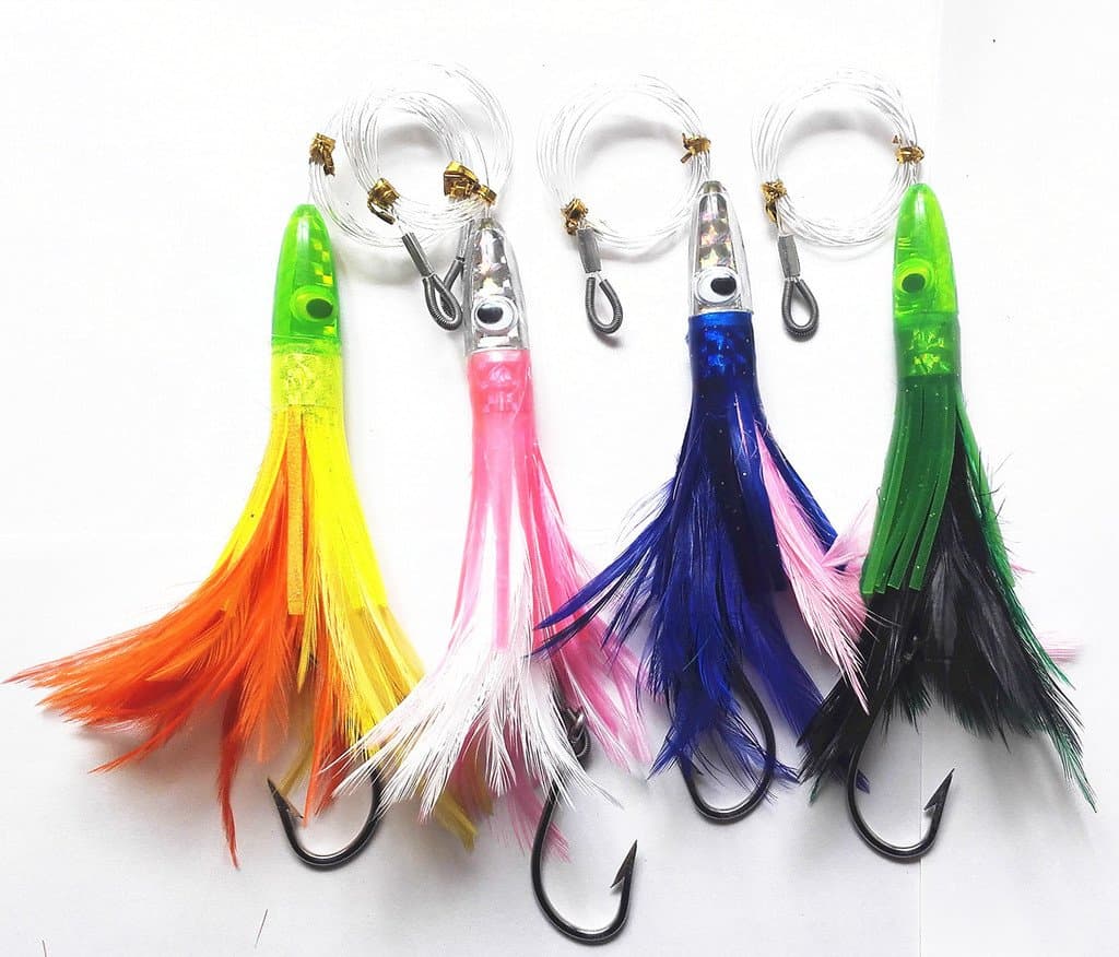 Offshore Fishing Bullet Teasers Squid Lures Saltwater Trolling Feather Jigs Fully Rigged,4 Colors Set,6 Inch