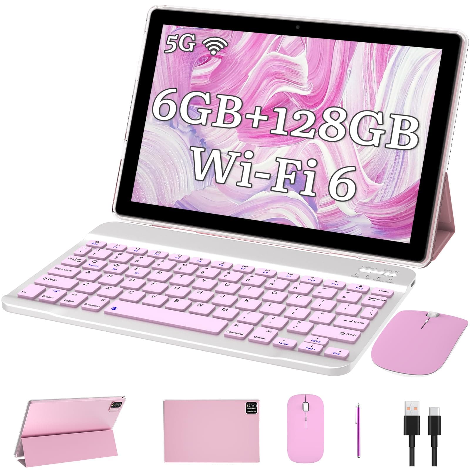 2 in1 Tablet with Keyboard Android Tablet 10 Inch Tablets, Include Mouse Case Stylus 5G-WiFi WiFi-6 128GB ROM+6GB RAM 10 in IPS 2MP+8MP Dual Camera 6000mAh Battery 10.1" FHD Android Tab