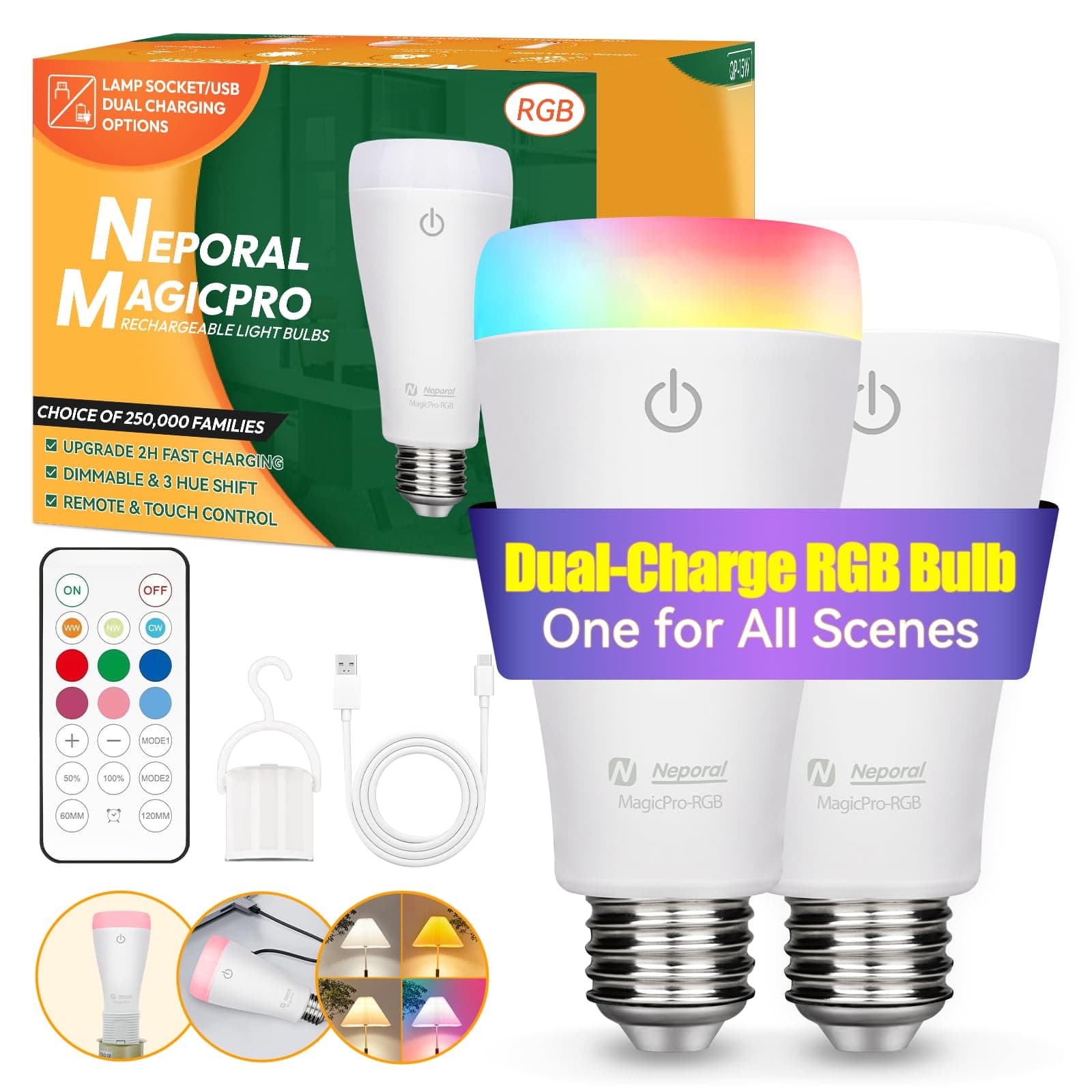 Neporal MAGICPRO-RGB Rechargeable Light Bulbs with Remote, RGB+3 Colors & Dimmable, USB & Socket Charging, 2H Fast Charge, 5–50H Runtime, No Wiring for Bedroom, Parties, Camping, 2PK(9W, A19, E26/E27)