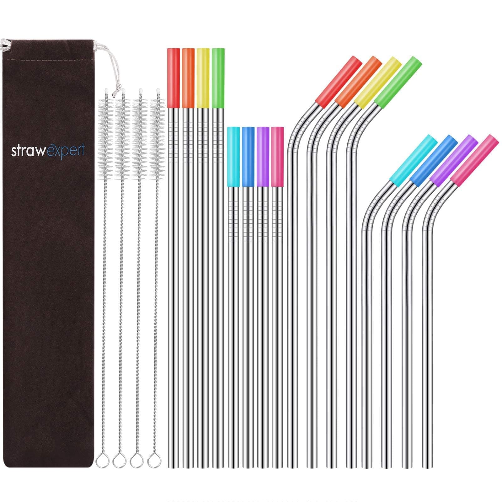 Set of 16 Reusable Stainless Steel Straws with Travel Case Cleaning Brush Silicone Tips Eco Friendly Extra Long Metal Straws Drinking for 20 24 30 oz Tumbler