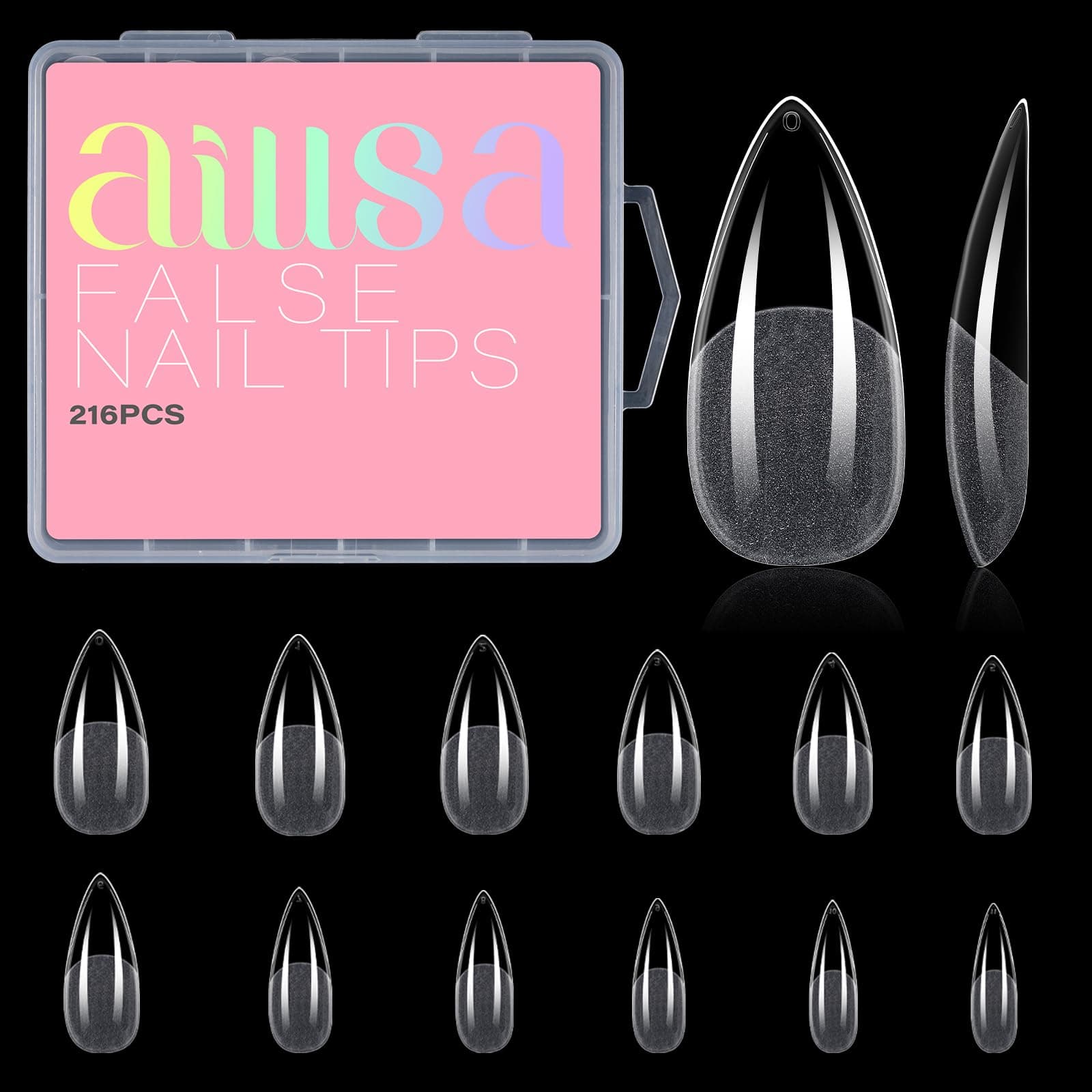 AILLSA Long Almond Nail Tips Full Cover Clear Gelly Nails Tips Half Matte Acrylic Tips Pre-Filed Fake Press on Nail Tips for Extension Home DIY Salon Manicure 216PCS 12 Sizes